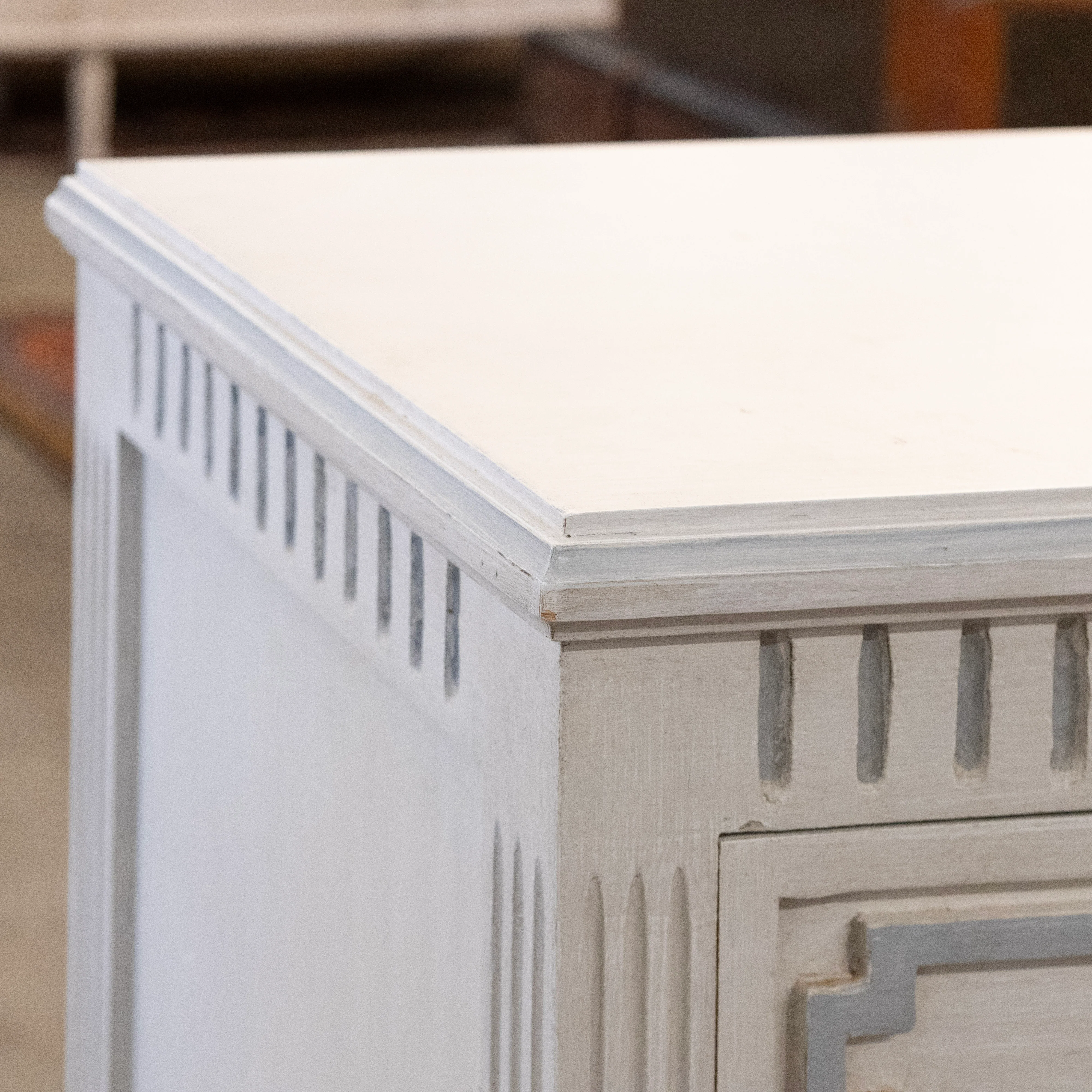 Swedish 3-Drawer Chest – Geometric & Fluted Blue Trim in Dove White - Image 7