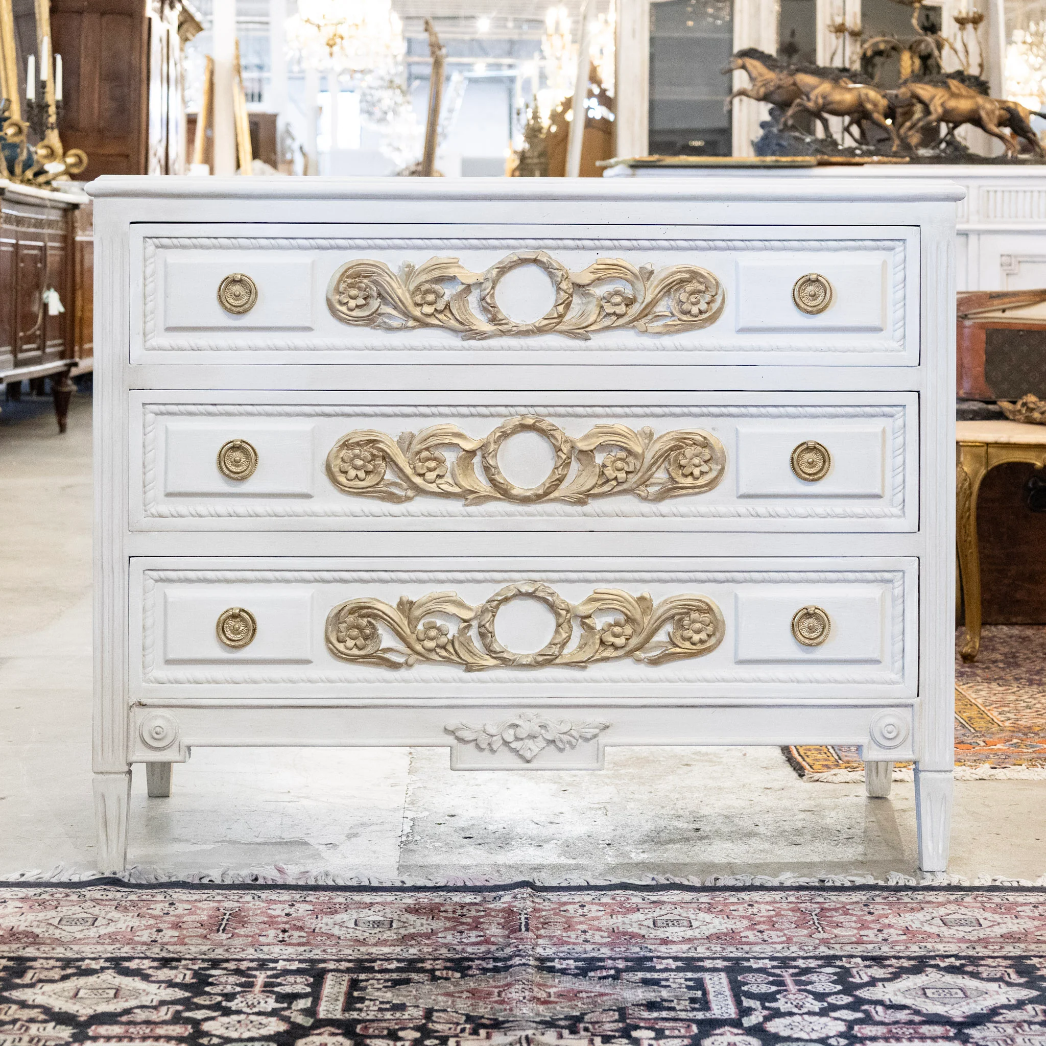 Swedish 3-Drawer Chest – Gilded Floral Carvings & Rope Trim in Dove White
