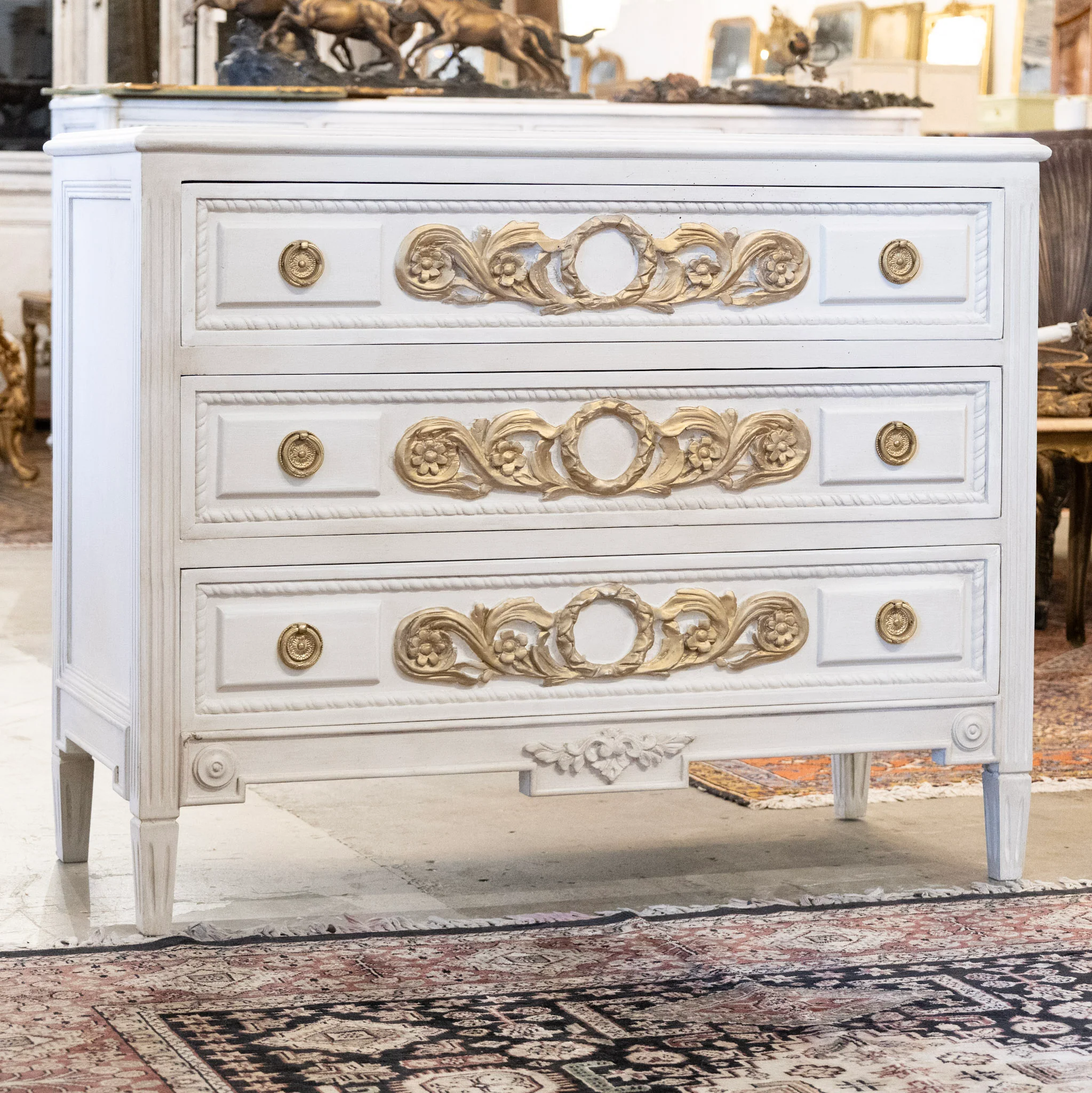 Swedish 3-Drawer Chest – Gilded Floral Carvings & Rope Trim in Dove White - Image 2