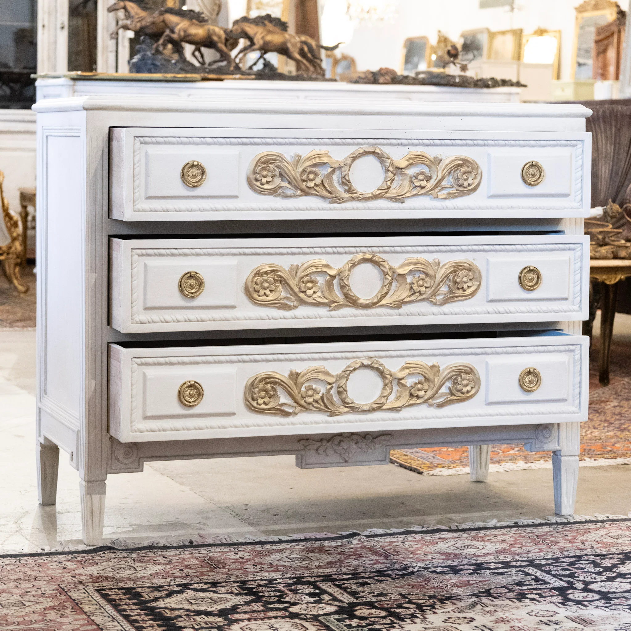 Swedish 3-Drawer Chest – Gilded Floral Carvings & Rope Trim in Dove White - Image 3