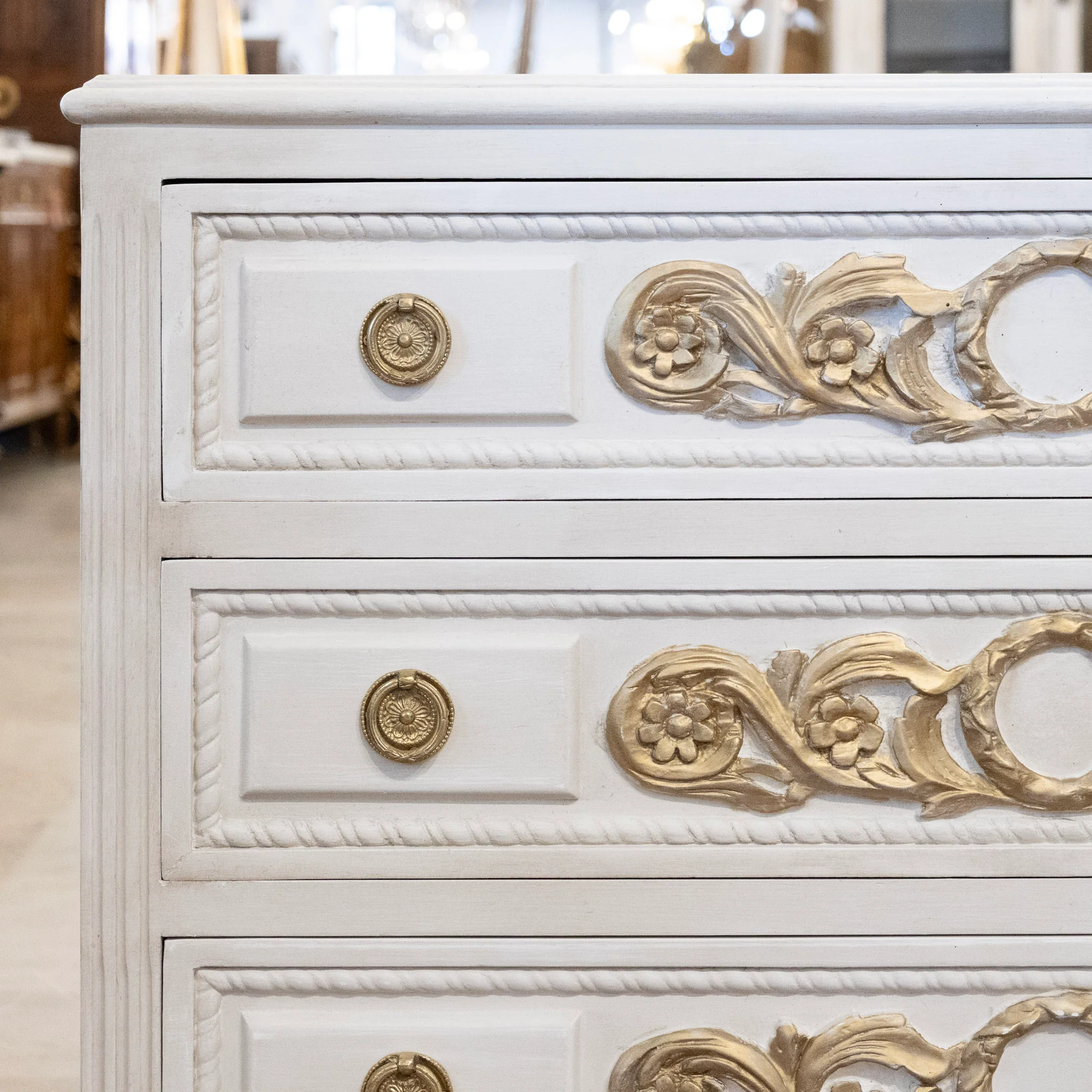 Swedish 3-Drawer Chest – Gilded Floral Carvings & Rope Trim in Dove White - Image 5