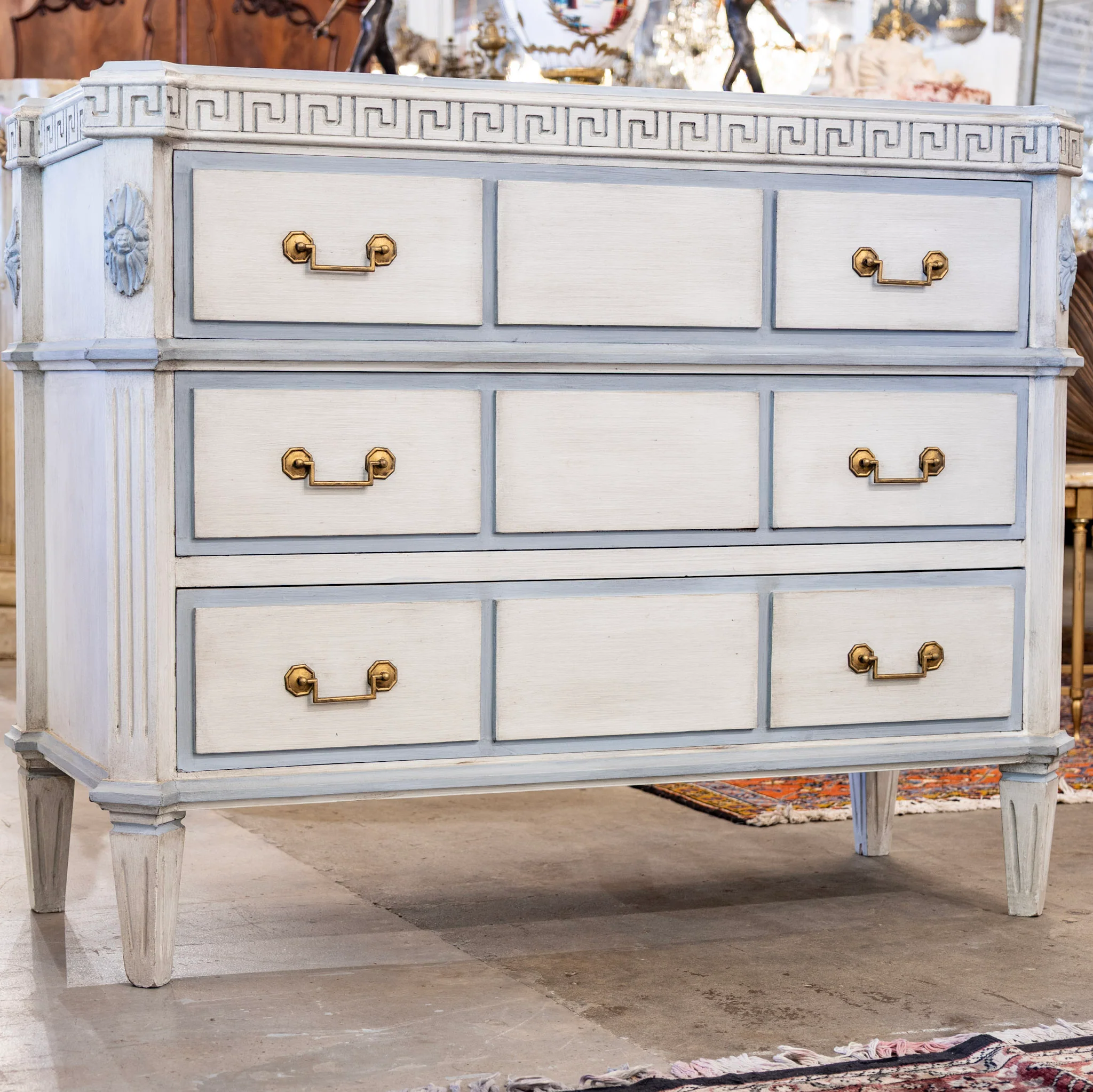 Swedish 3-Drawer Chest – Greek Key Carving & Blue Trim