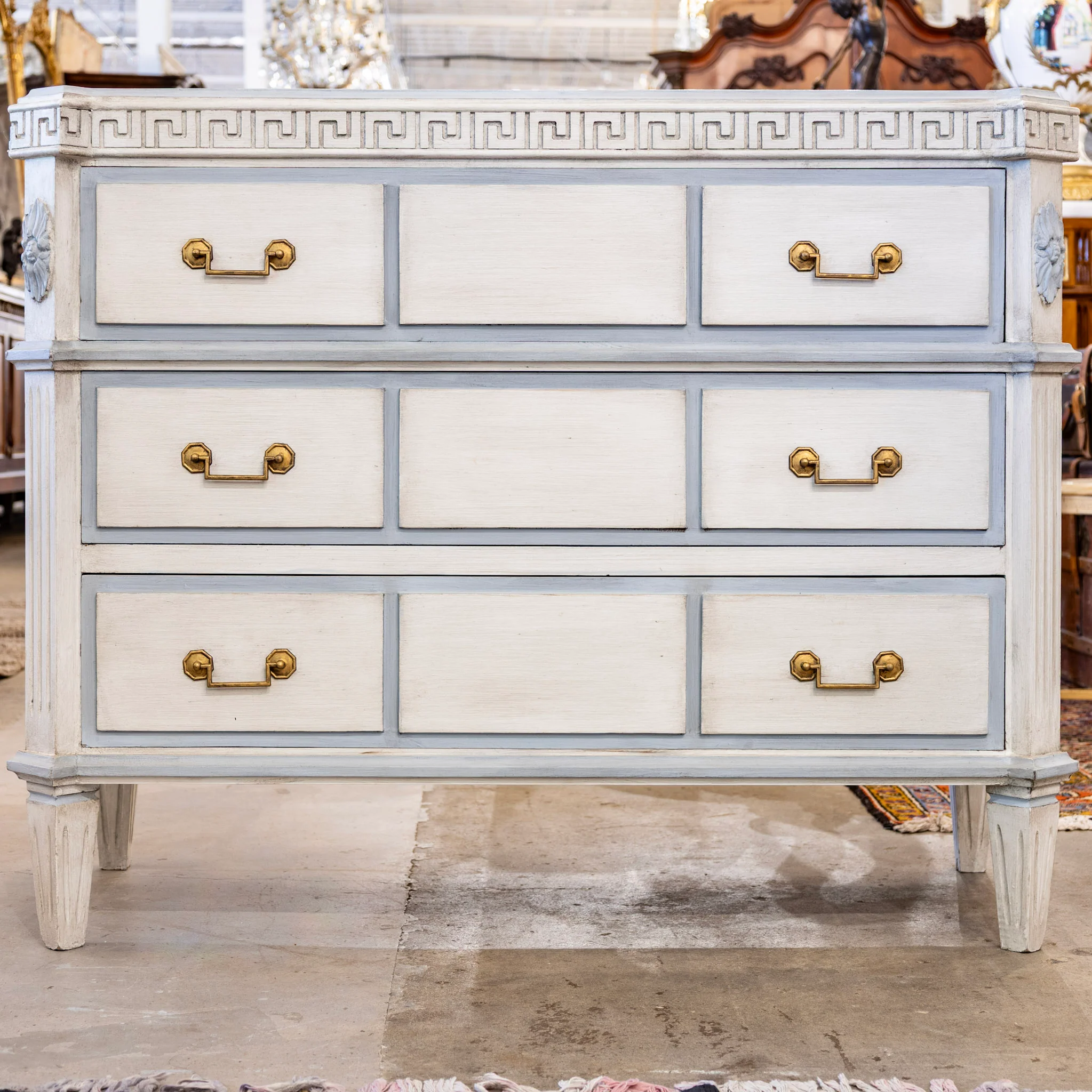 Swedish 3-Drawer Chest – Greek Key Carving & Blue Trim - Image 3