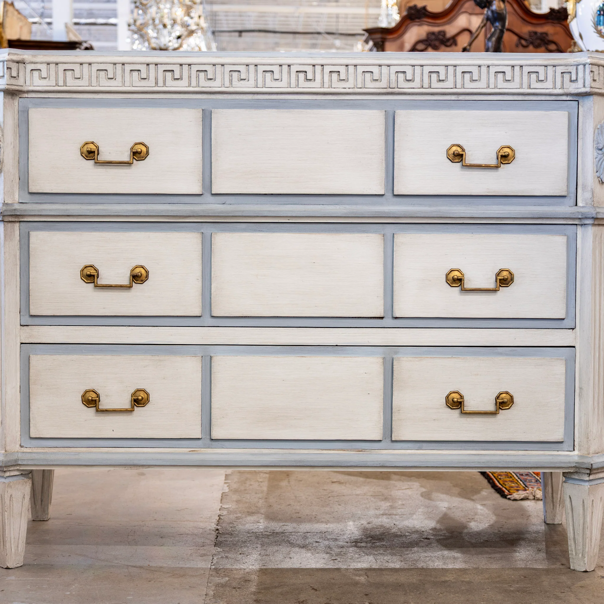 Swedish 3-Drawer Chest – Greek Key Carving & Blue Trim - Image 4