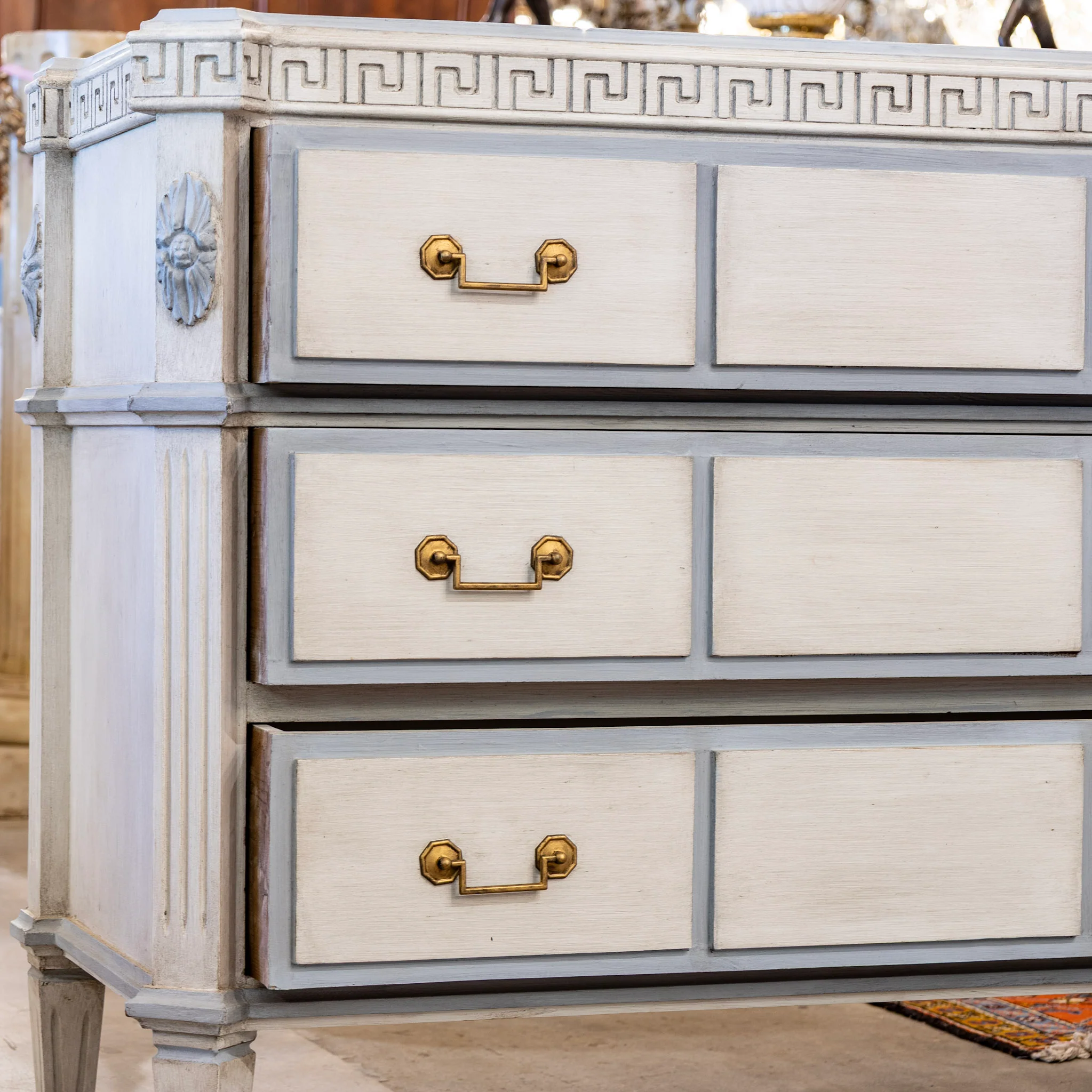 Swedish 3-Drawer Chest – Greek Key Carving & Blue Trim - Image 5