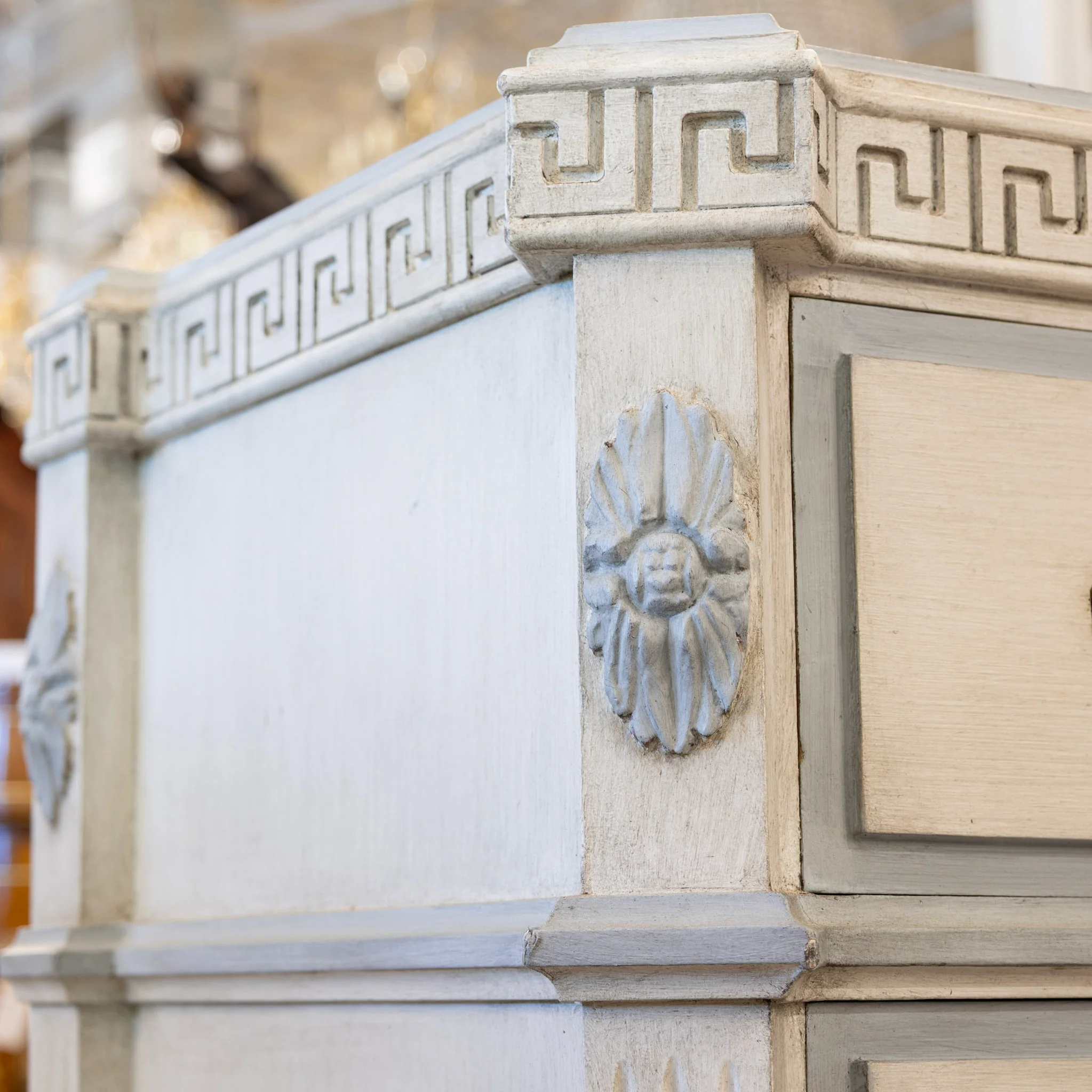 Swedish 3-Drawer Chest – Greek Key Carving & Blue Trim - Image 6