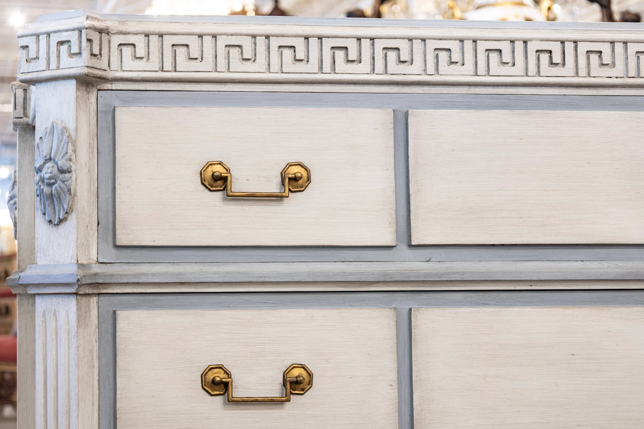 Swedish 3-Drawer Chest – Greek Key Carving & Blue Trim - Image 8
