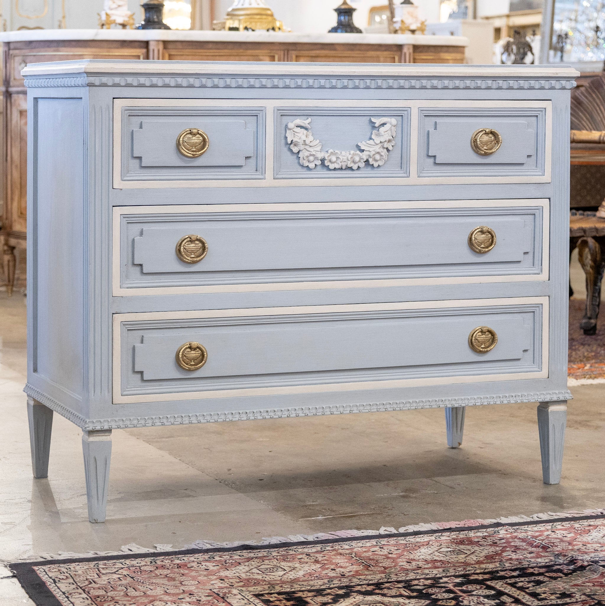 Swedish 3-Drawer Chest in French Blue – Carved Floral Detailing & White Trim