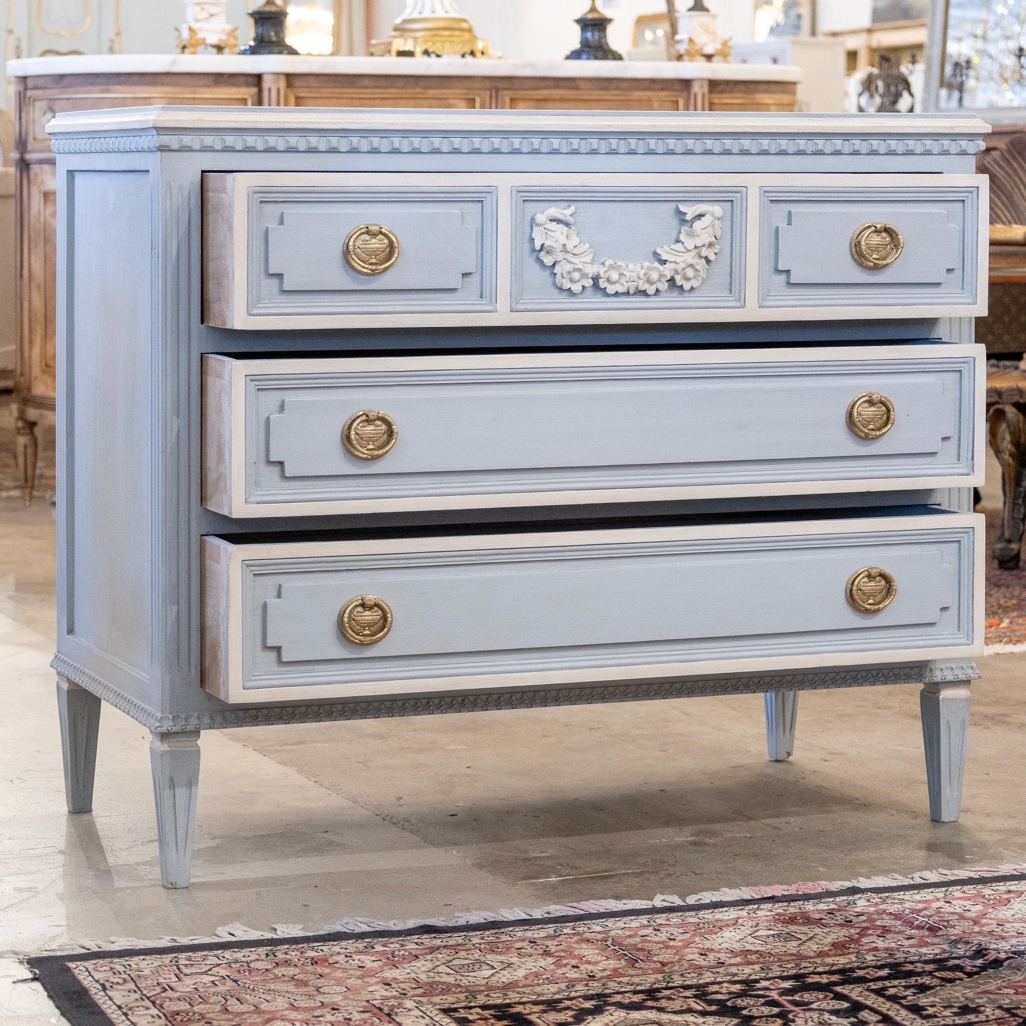Swedish 3-Drawer Chest in French Blue – Carved Floral Detailing & White Trim - Image 2