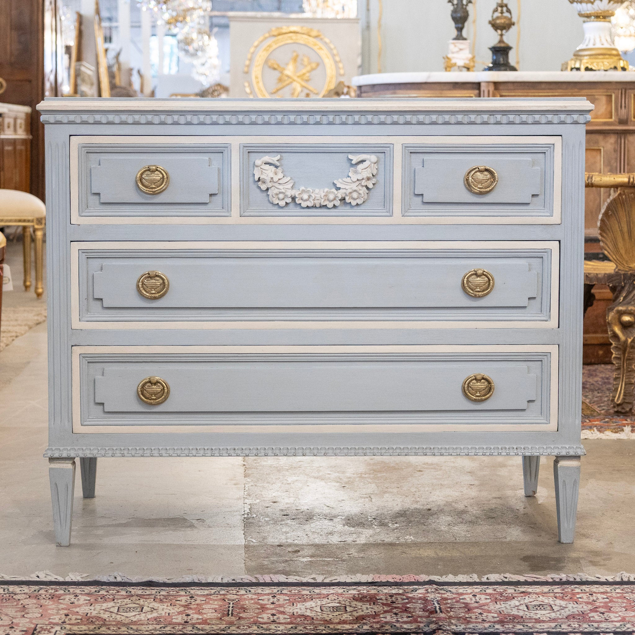 Swedish 3-Drawer Chest in French Blue – Carved Floral Detailing & White Trim - Image 3