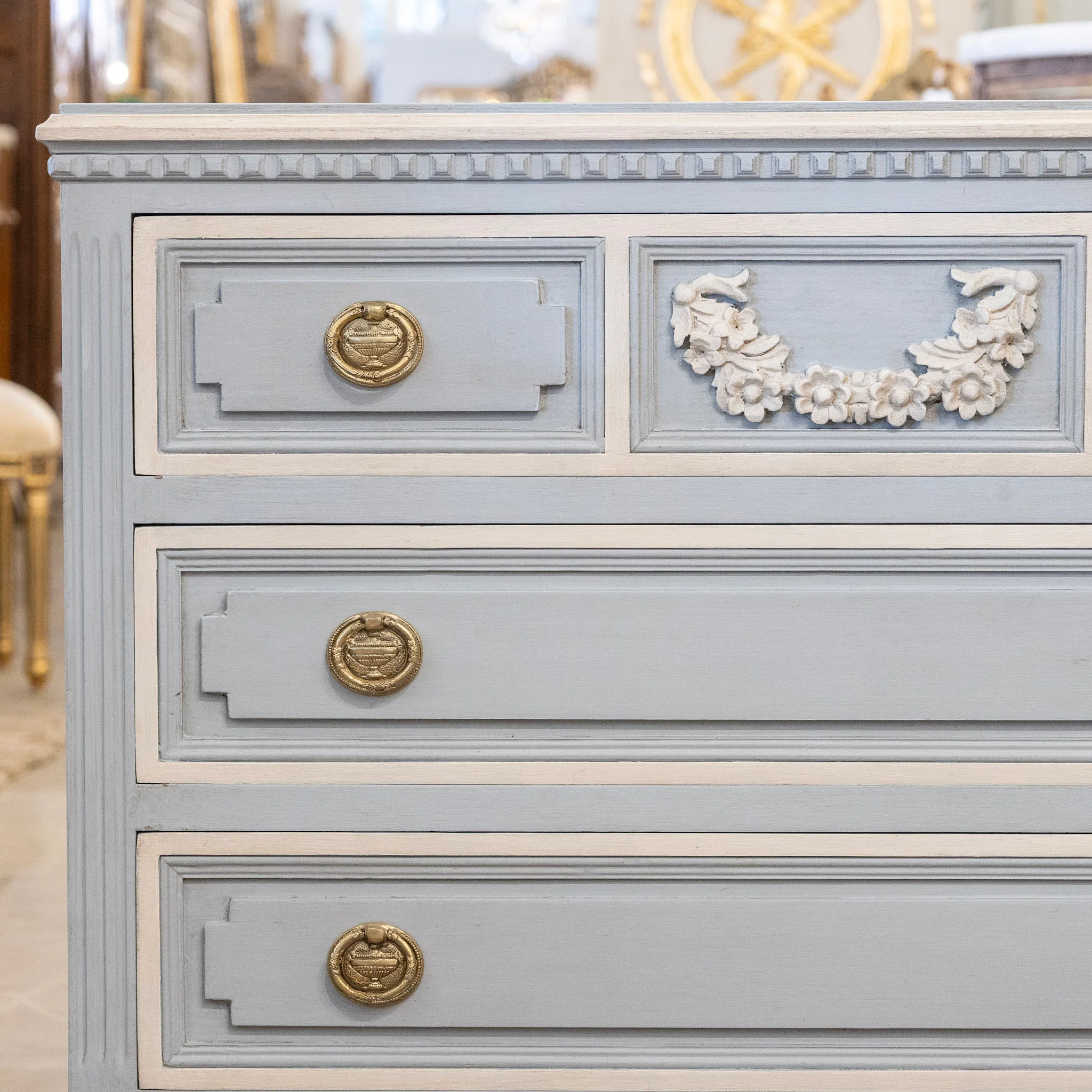 Swedish 3-Drawer Chest in French Blue – Carved Floral Detailing & White Trim - Image 5