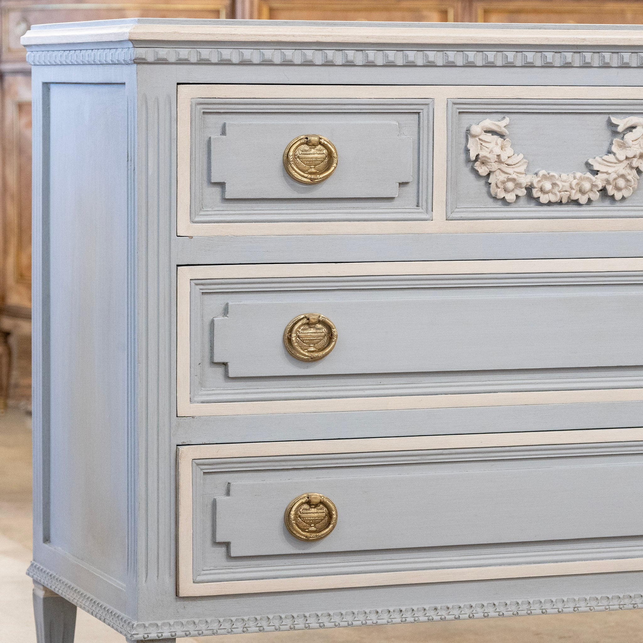 Swedish 3-Drawer Chest in French Blue – Carved Floral Detailing & White Trim - Image 6
