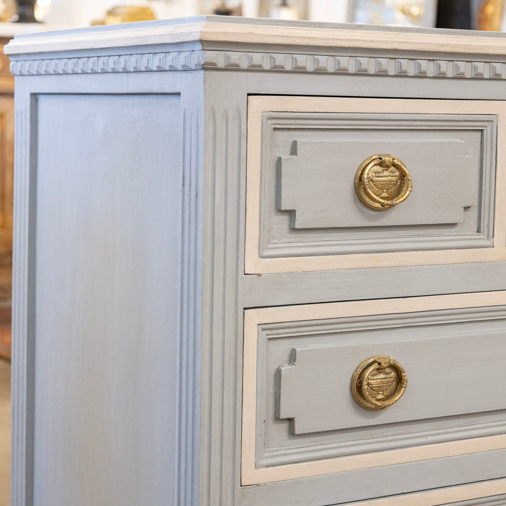 Swedish 3-Drawer Chest in French Blue – Carved Floral Detailing & White Trim - Image 7