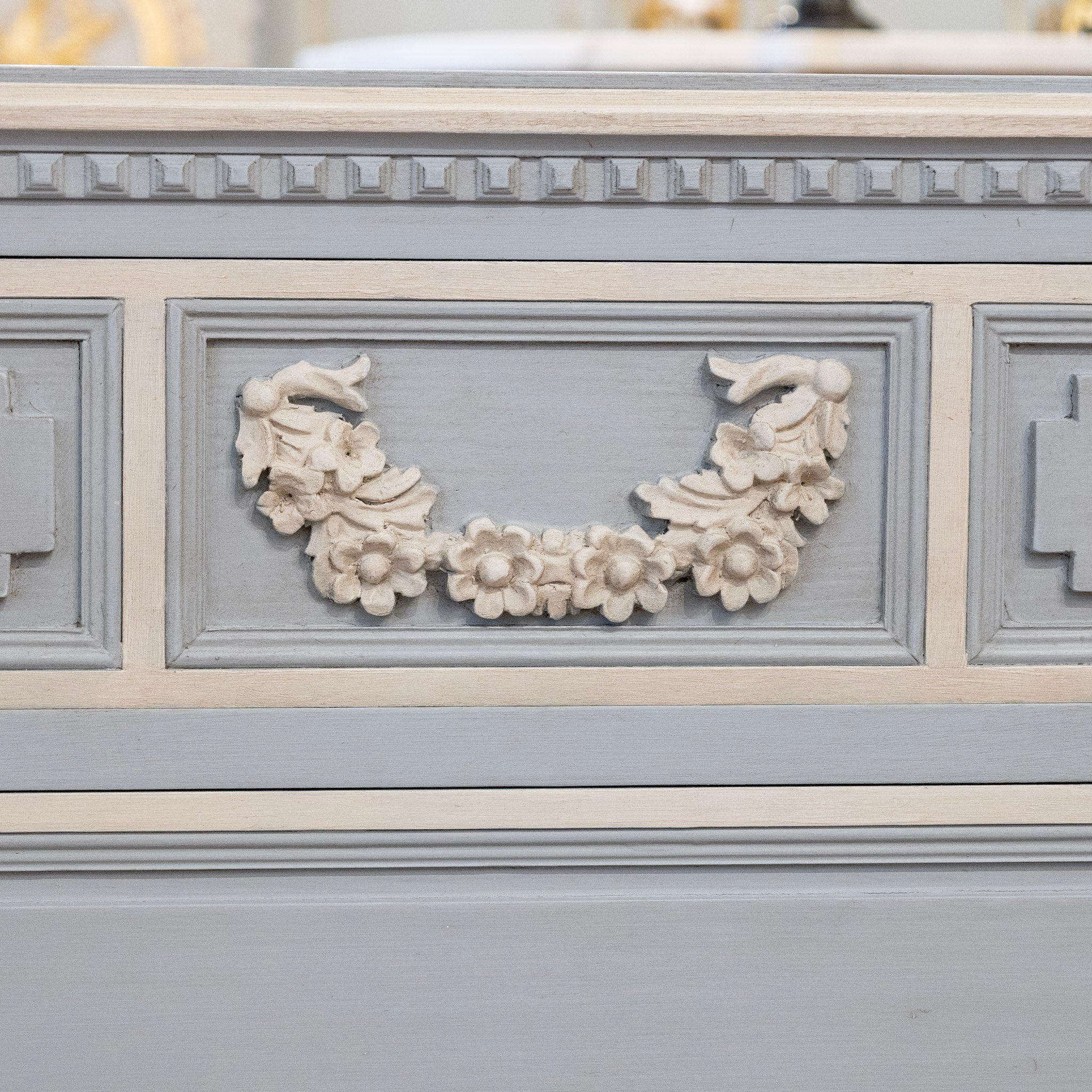 Swedish 3-Drawer Chest in French Blue – Carved Floral Detailing & White Trim - Image 8