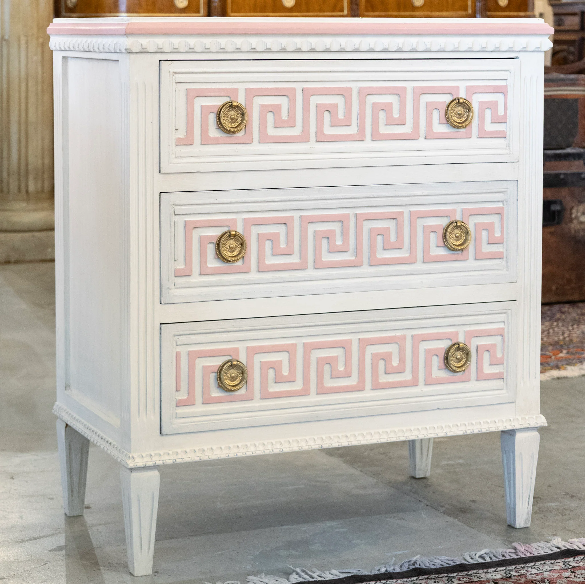 Swedish 3-Drawer Chest – Pink Greek Key Detailing & Beaded Trim in White - Image 2