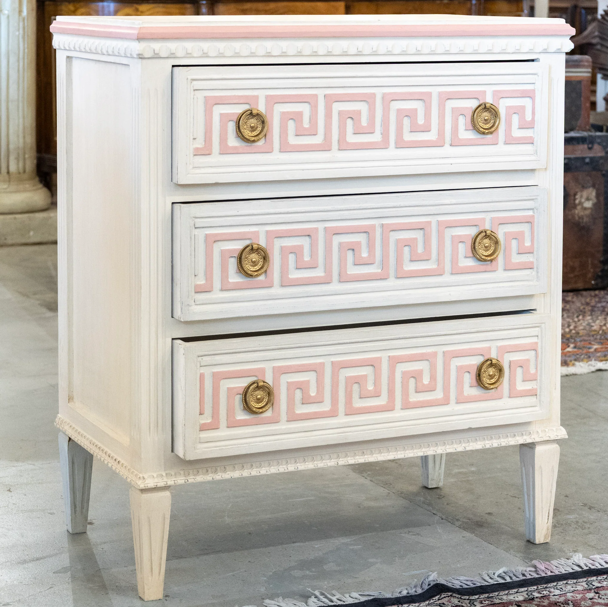 Swedish 3-Drawer Chest – Pink Greek Key Detailing & Beaded Trim in White - Image 3