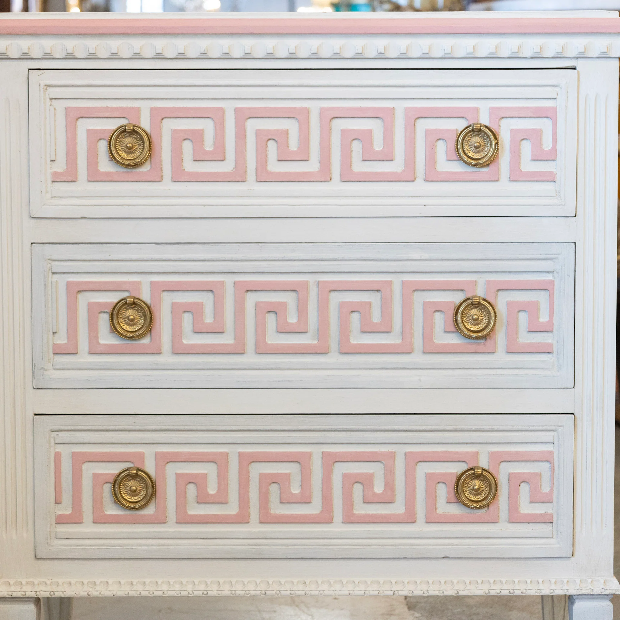 Swedish 3-Drawer Chest – Pink Greek Key Detailing & Beaded Trim in White - Image 4