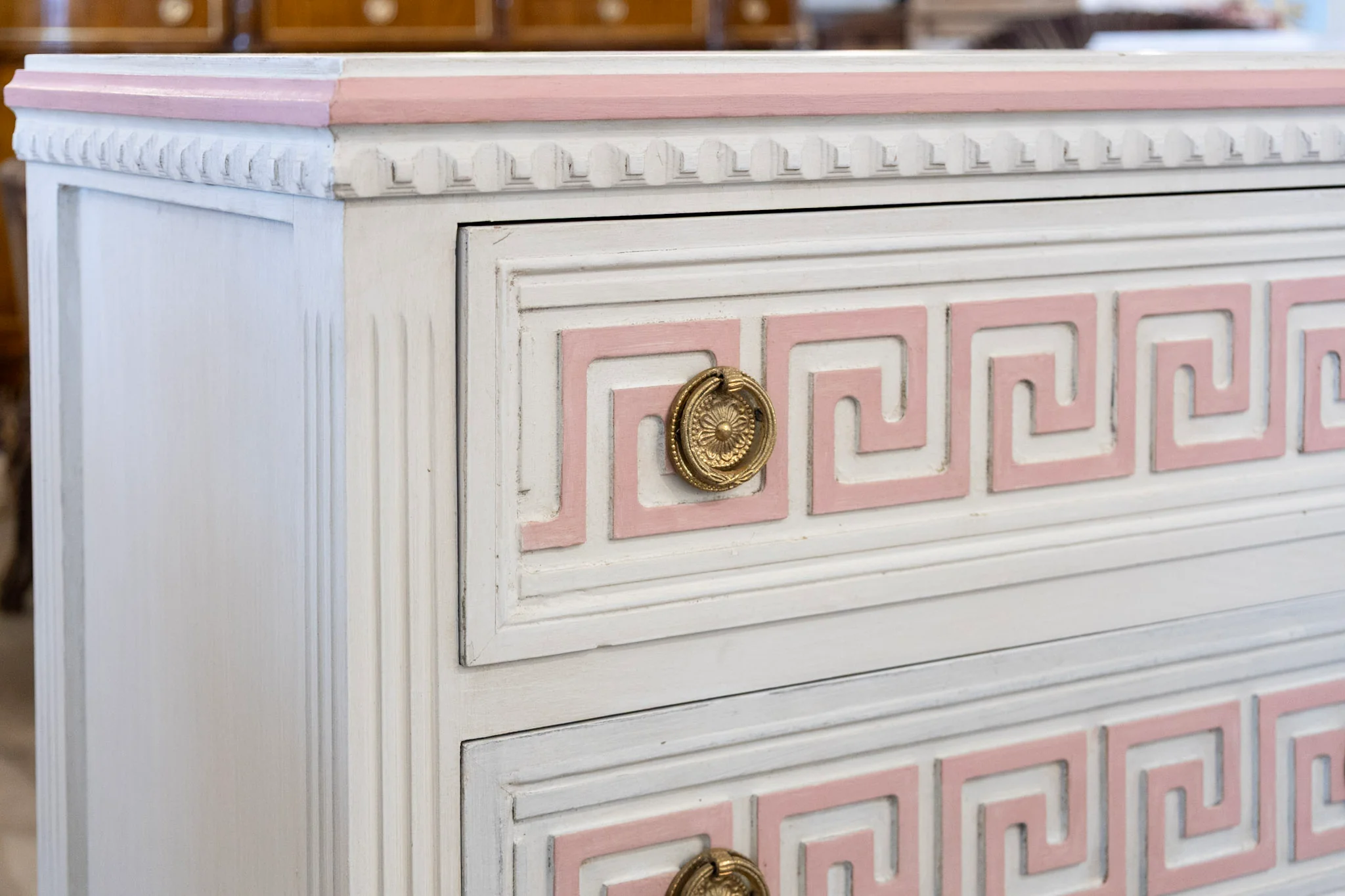 Swedish 3-Drawer Chest – Pink Greek Key Detailing & Beaded Trim in White - Image 6