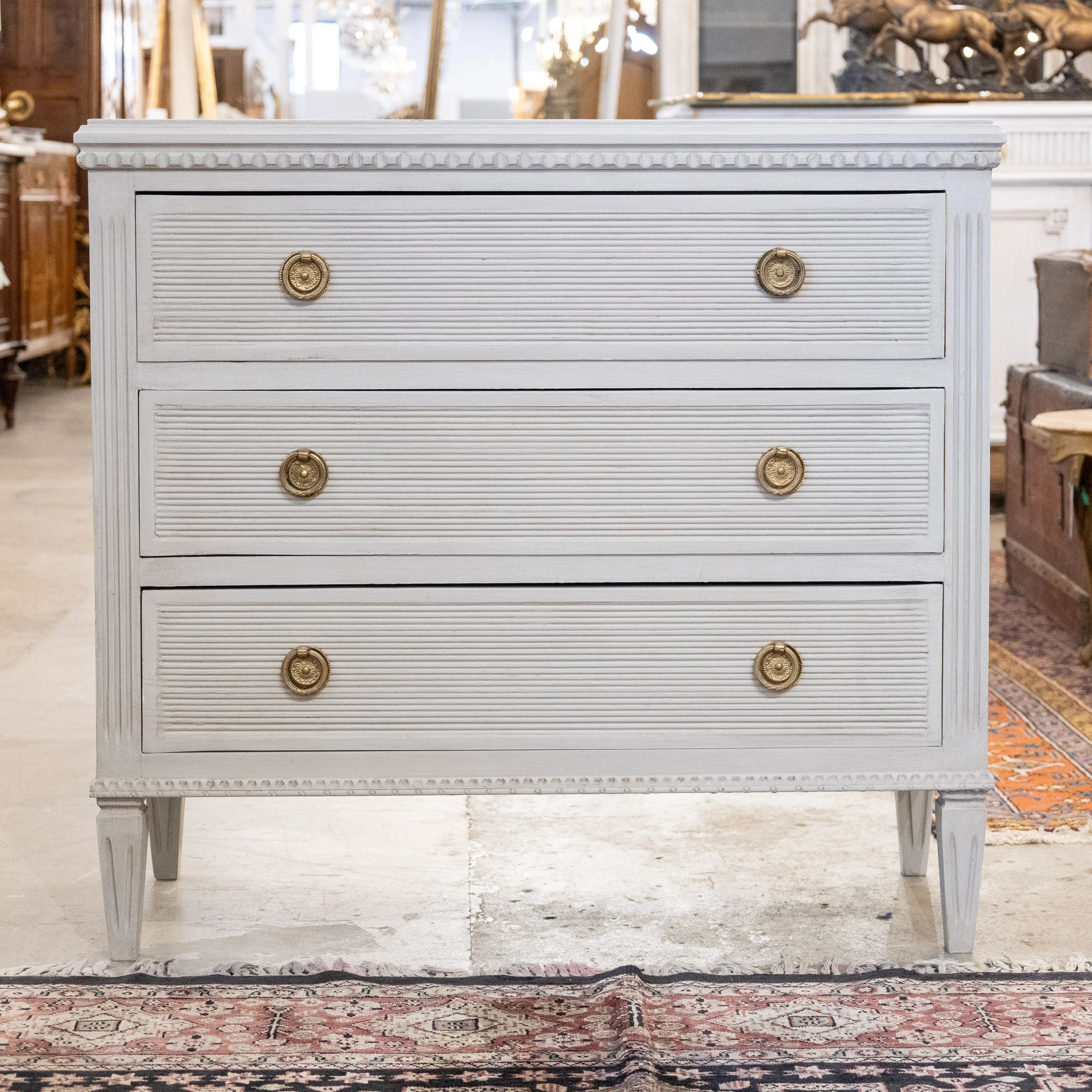 Swedish 3-Drawer Chest – Reeded & Fluted Trim in French Grey