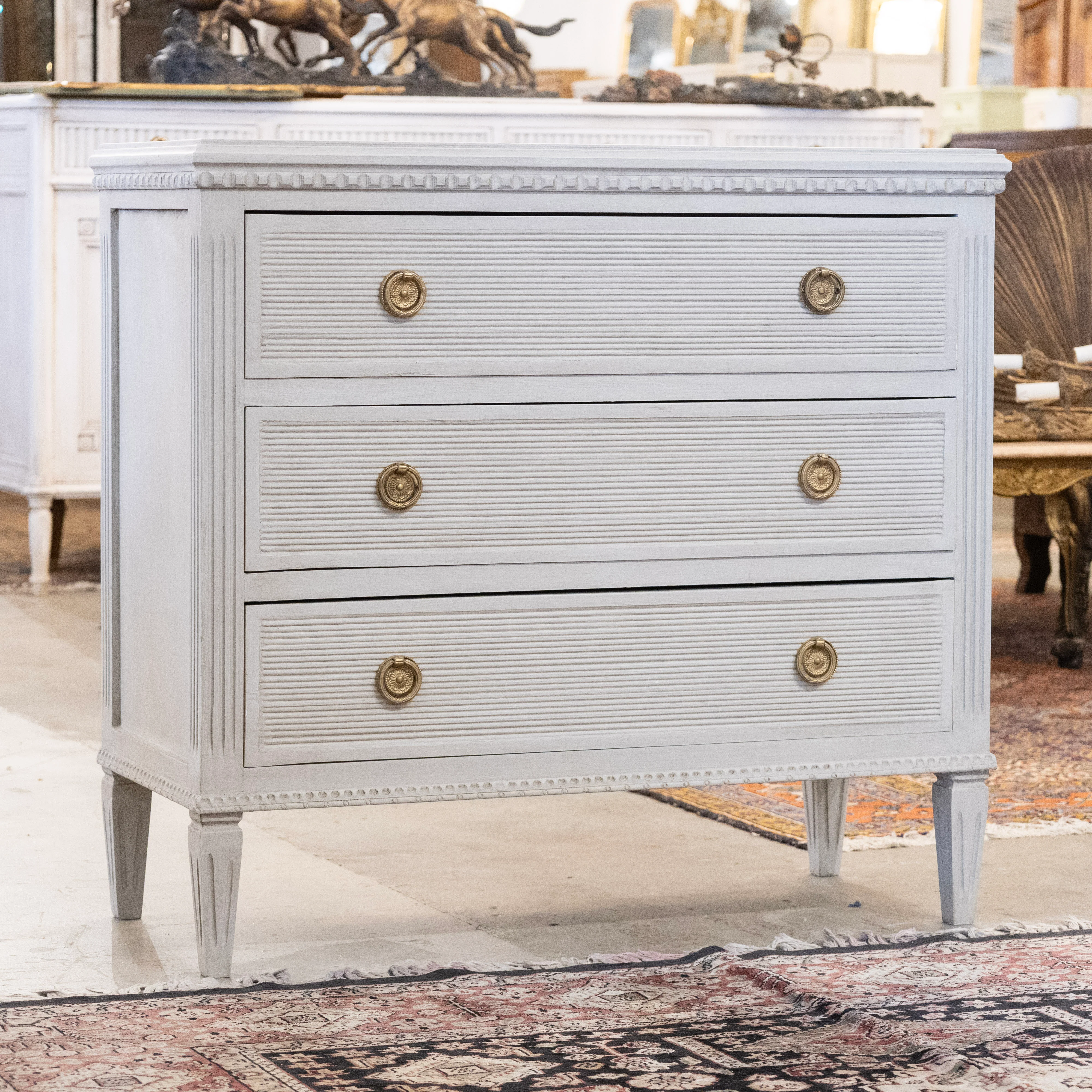 Swedish 3-Drawer Chest – Reeded & Fluted Trim in French Grey - Image 2