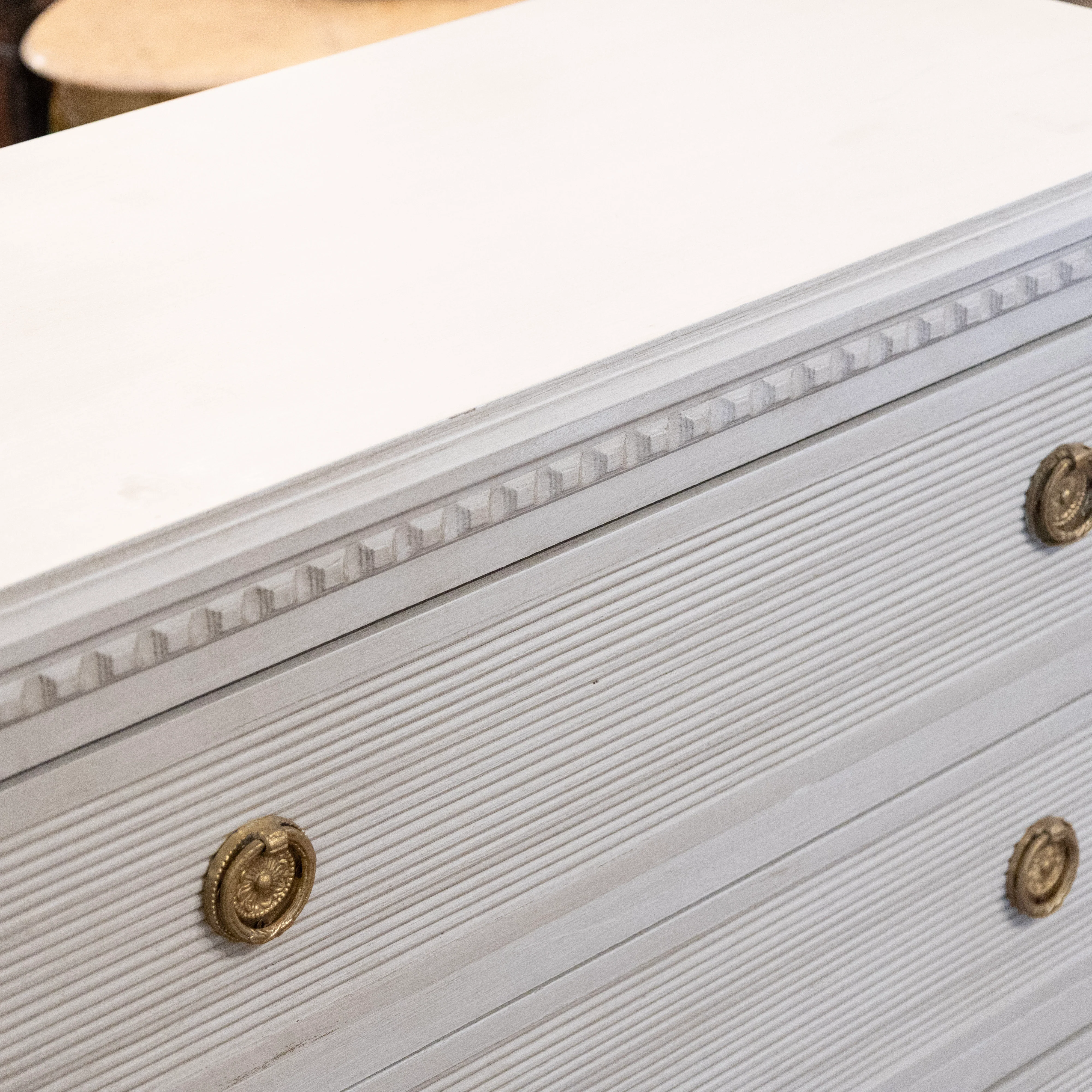 Swedish 3-Drawer Chest – Reeded & Fluted Trim in French Grey - Image 6