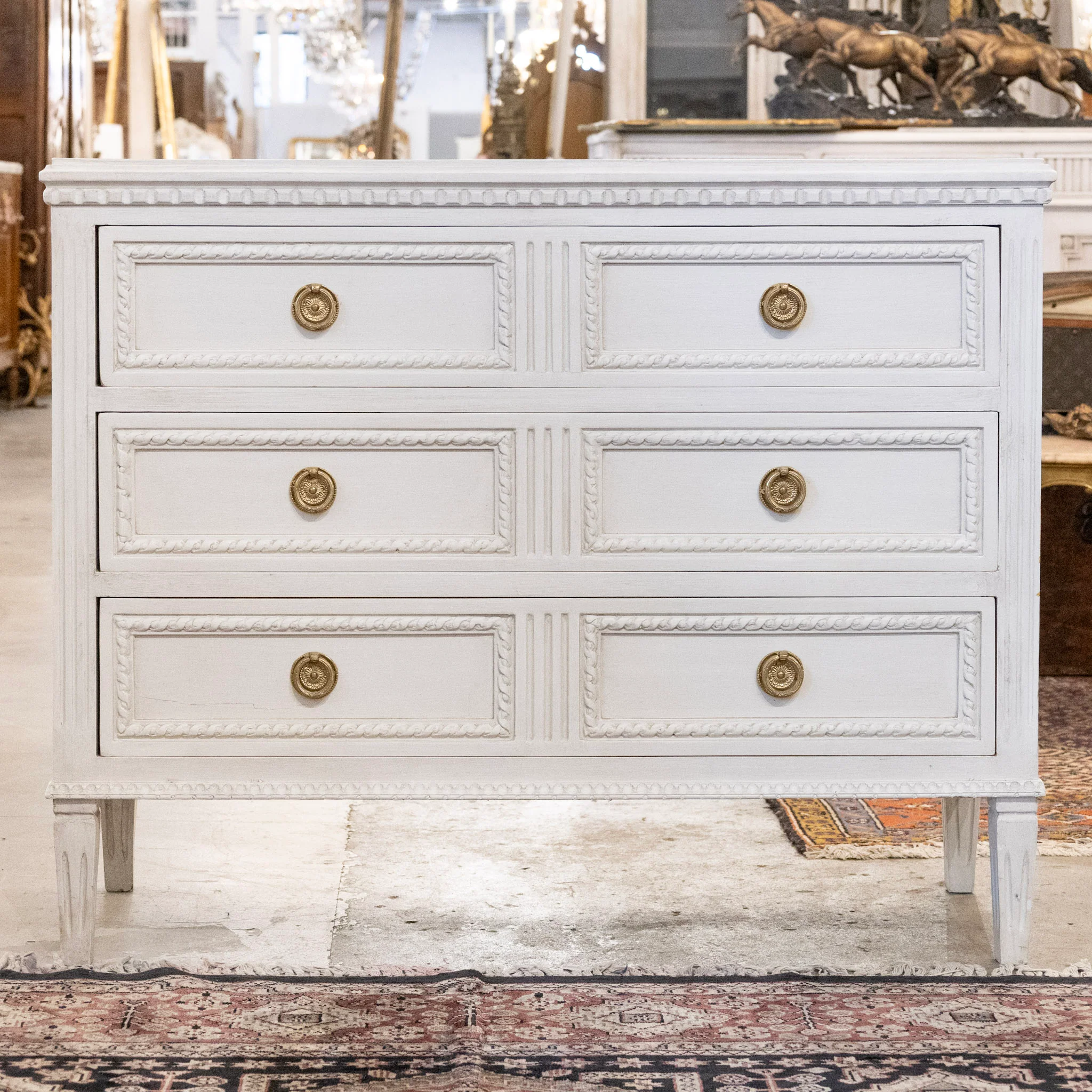 Swedish 3-Drawer Chest – Rope & Fluted Trim in Dove White