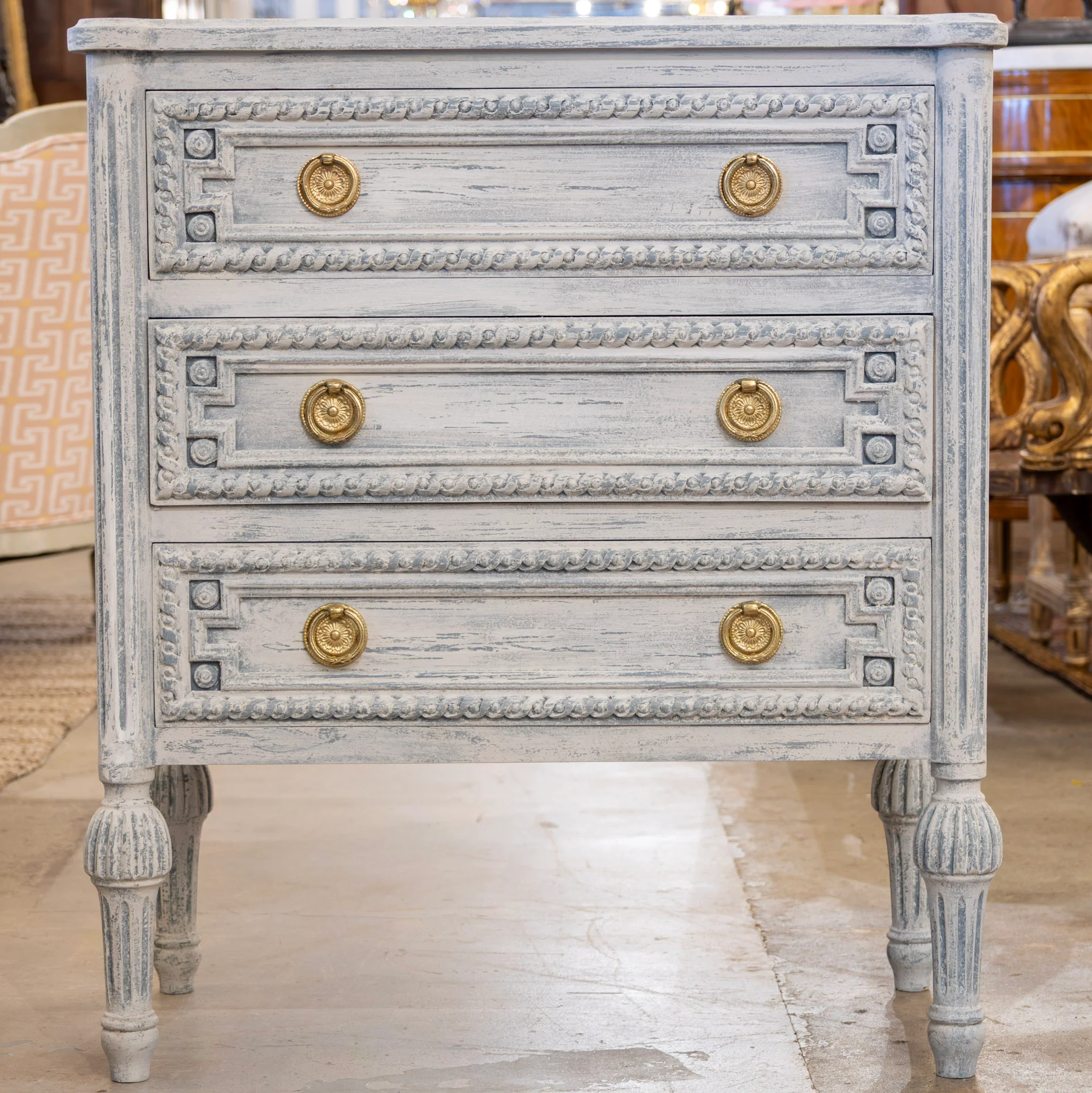 Swedish 3-Drawer Nightstand – Rounded Corners & Distressed Blue Finish