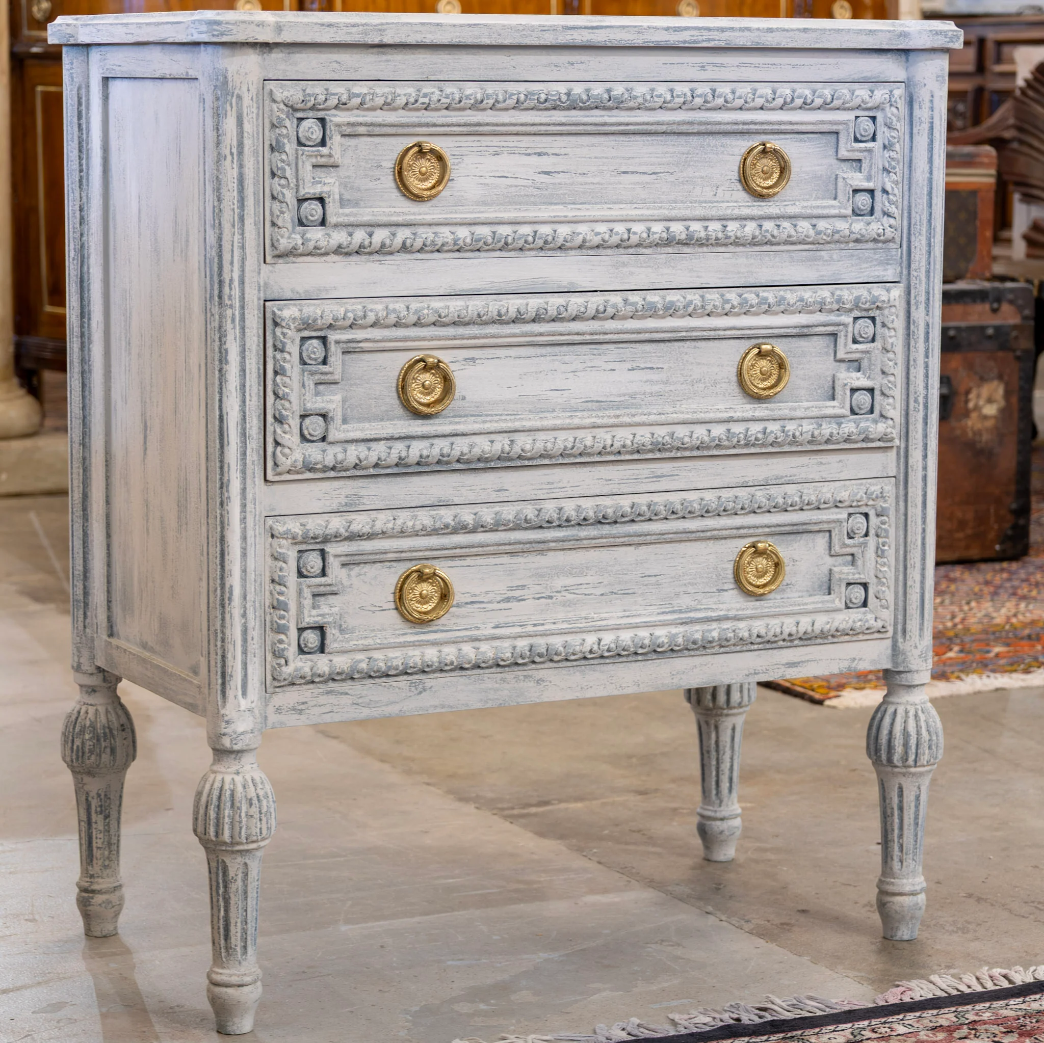 Swedish 3-Drawer Nightstand – Rounded Corners & Distressed Blue Finish - Image 2