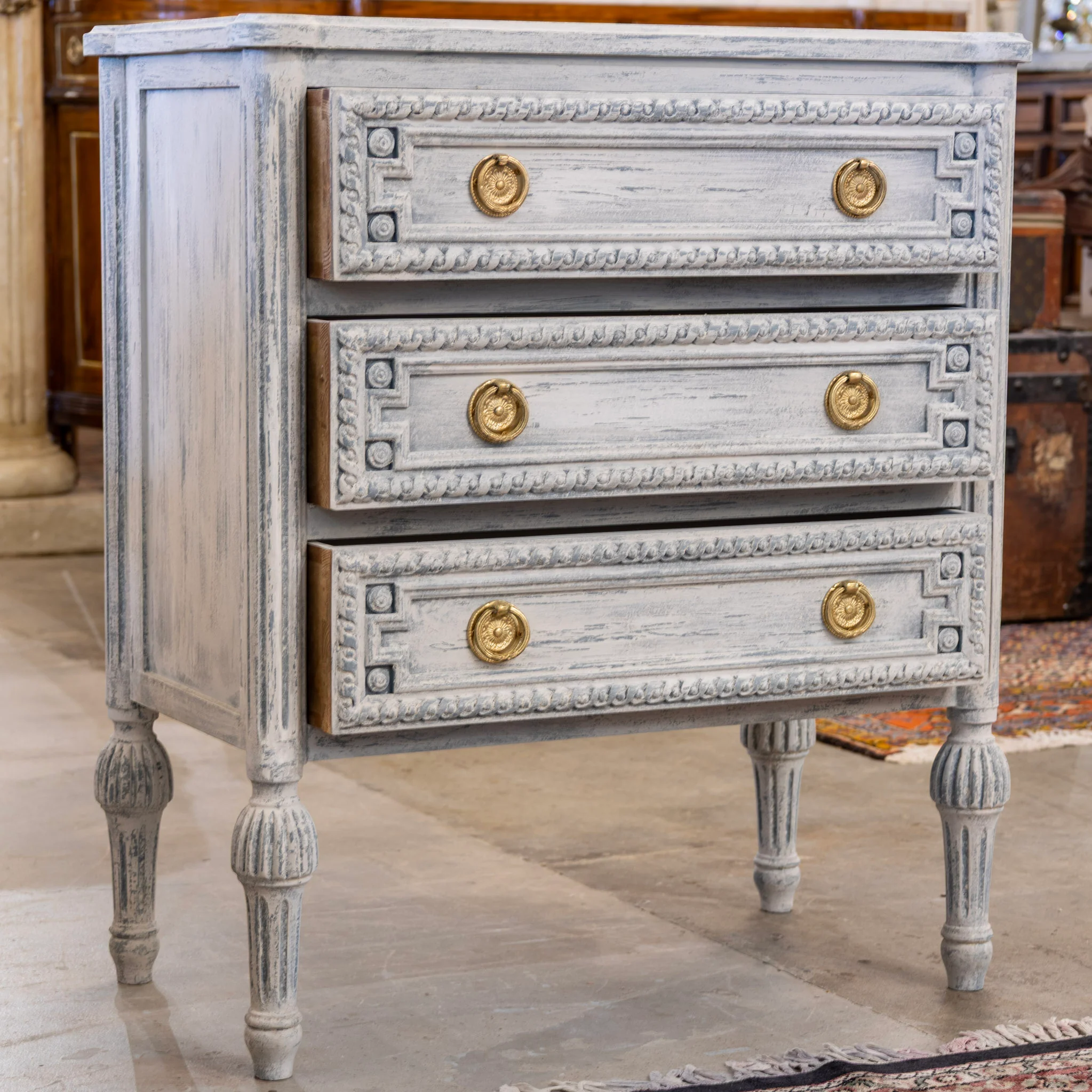 Swedish 3-Drawer Nightstand – Rounded Corners & Distressed Blue Finish - Image 3