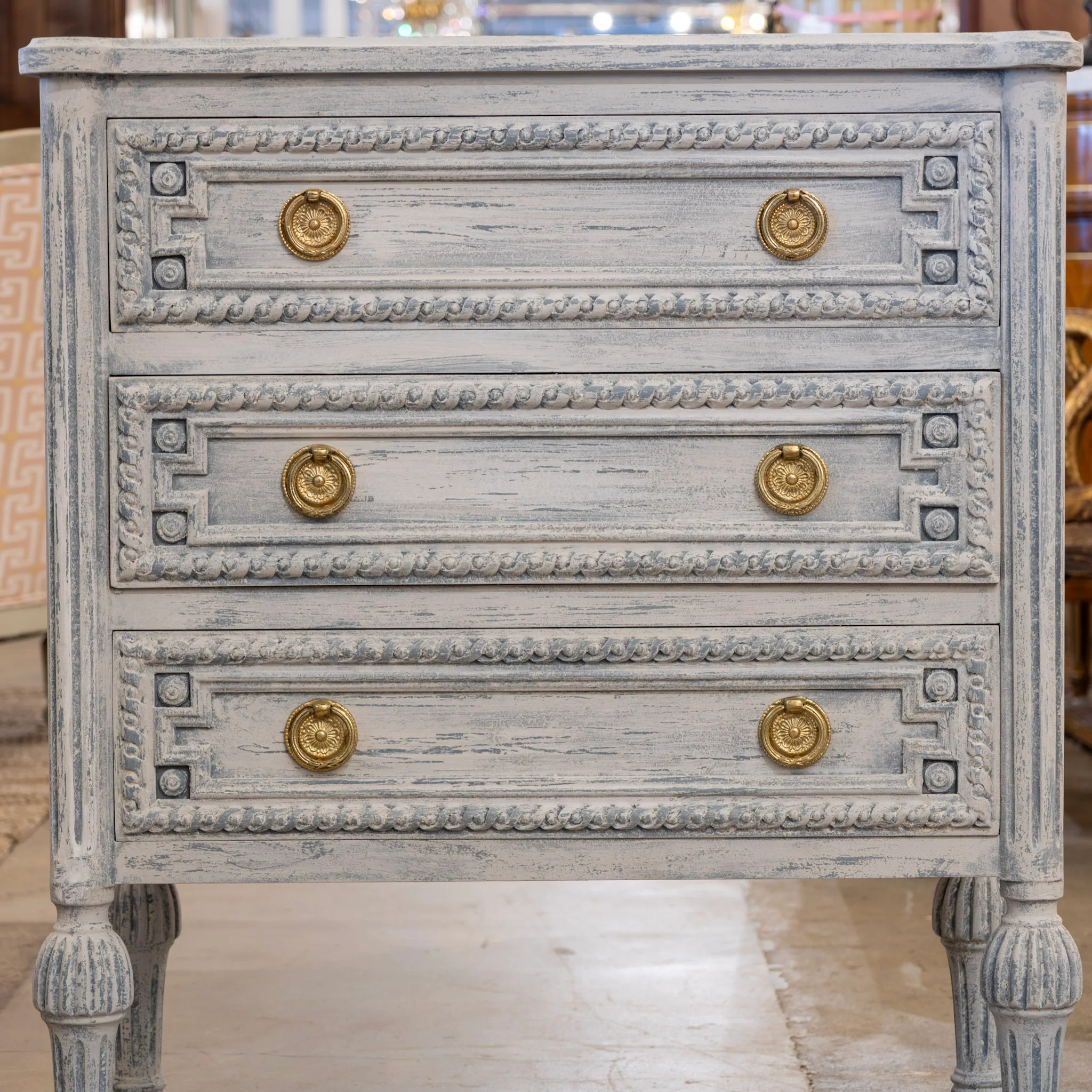 Swedish 3-Drawer Nightstand – Rounded Corners & Distressed Blue Finish - Image 4