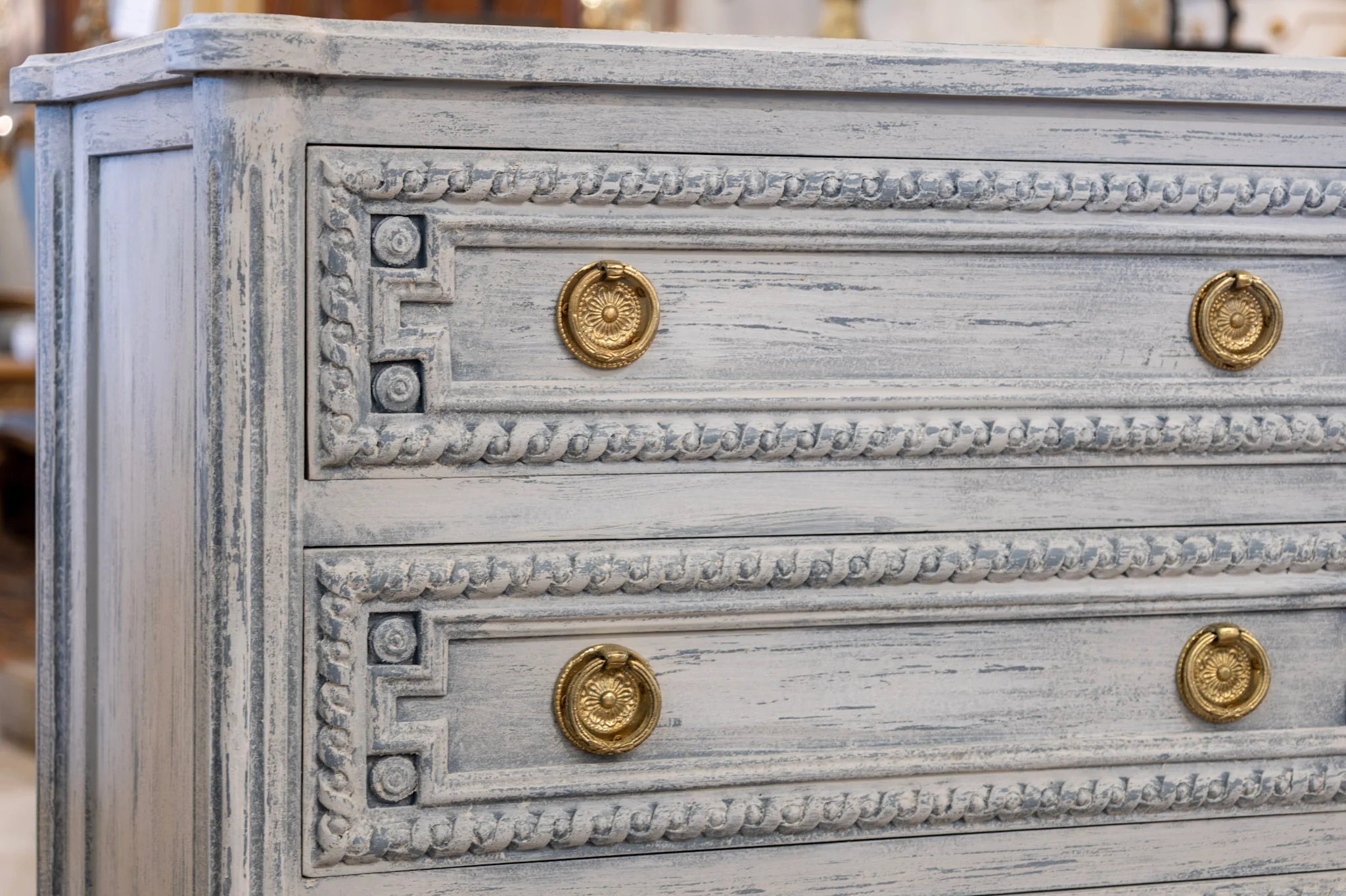 Swedish 3-Drawer Nightstand – Rounded Corners & Distressed Blue Finish - Image 5