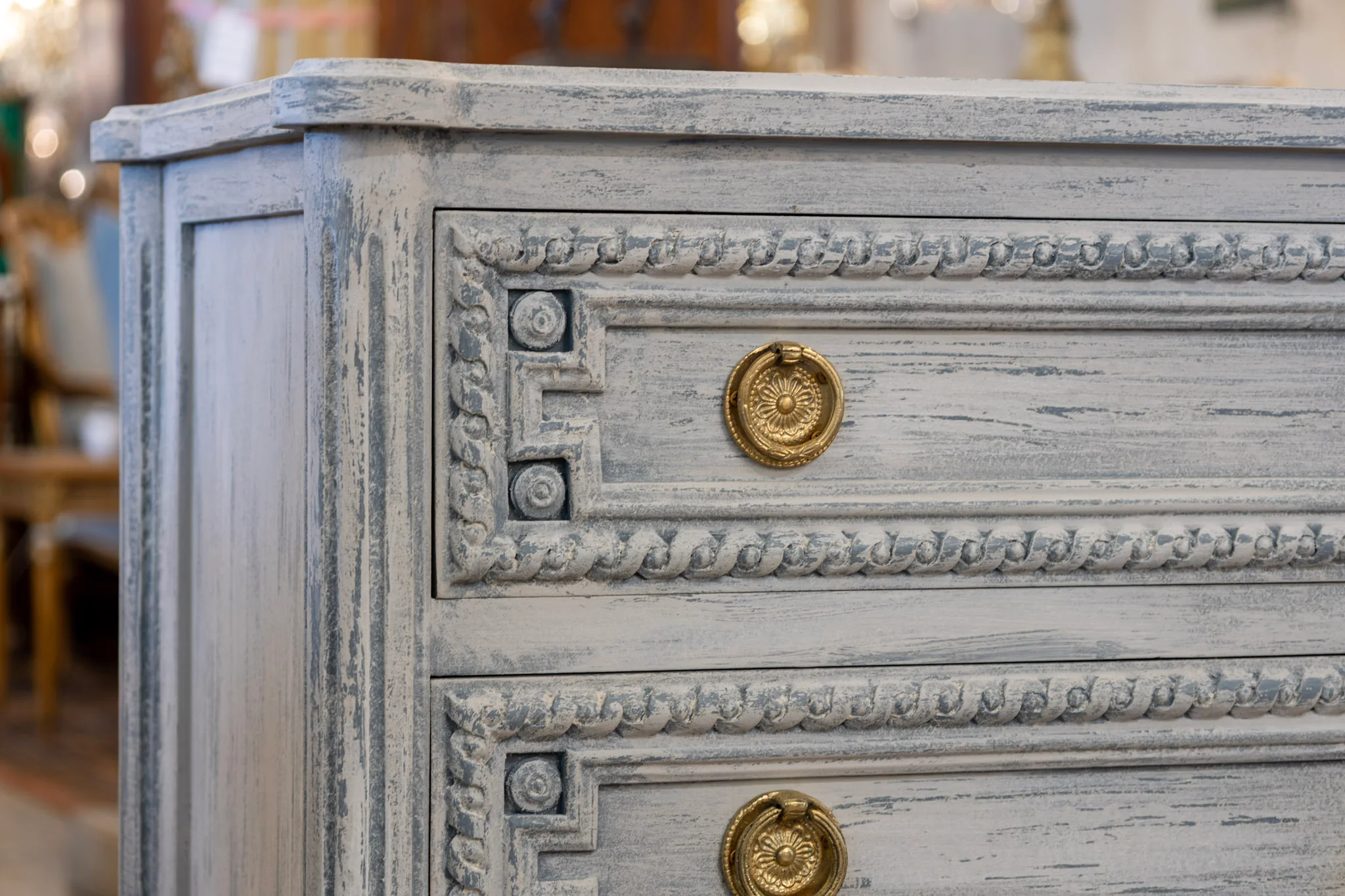 Swedish 3-Drawer Nightstand – Rounded Corners & Distressed Blue Finish - Image 6