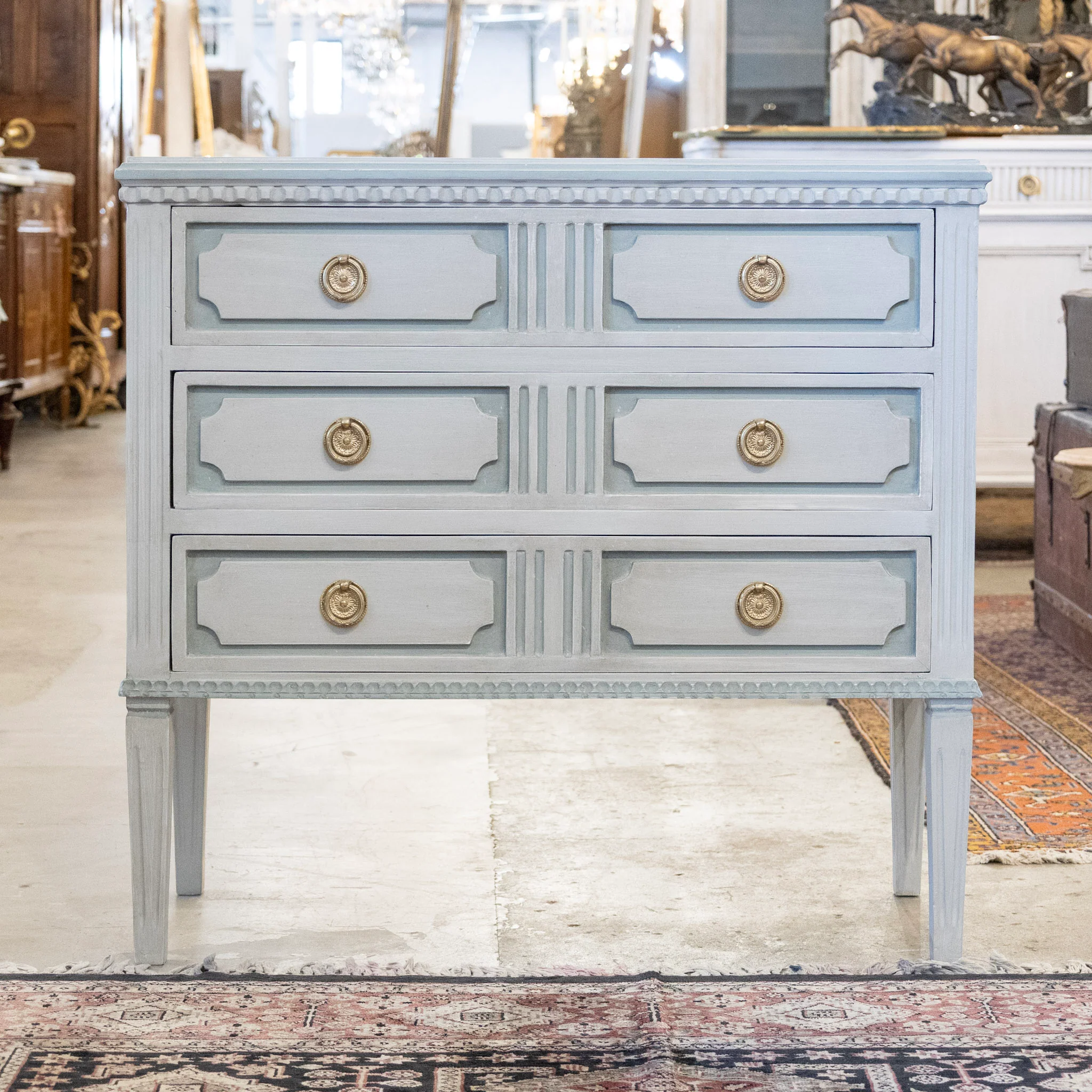 Swedish 3-Drawer Chest – Tall Legs with Fluted Trim in Blue & Grey