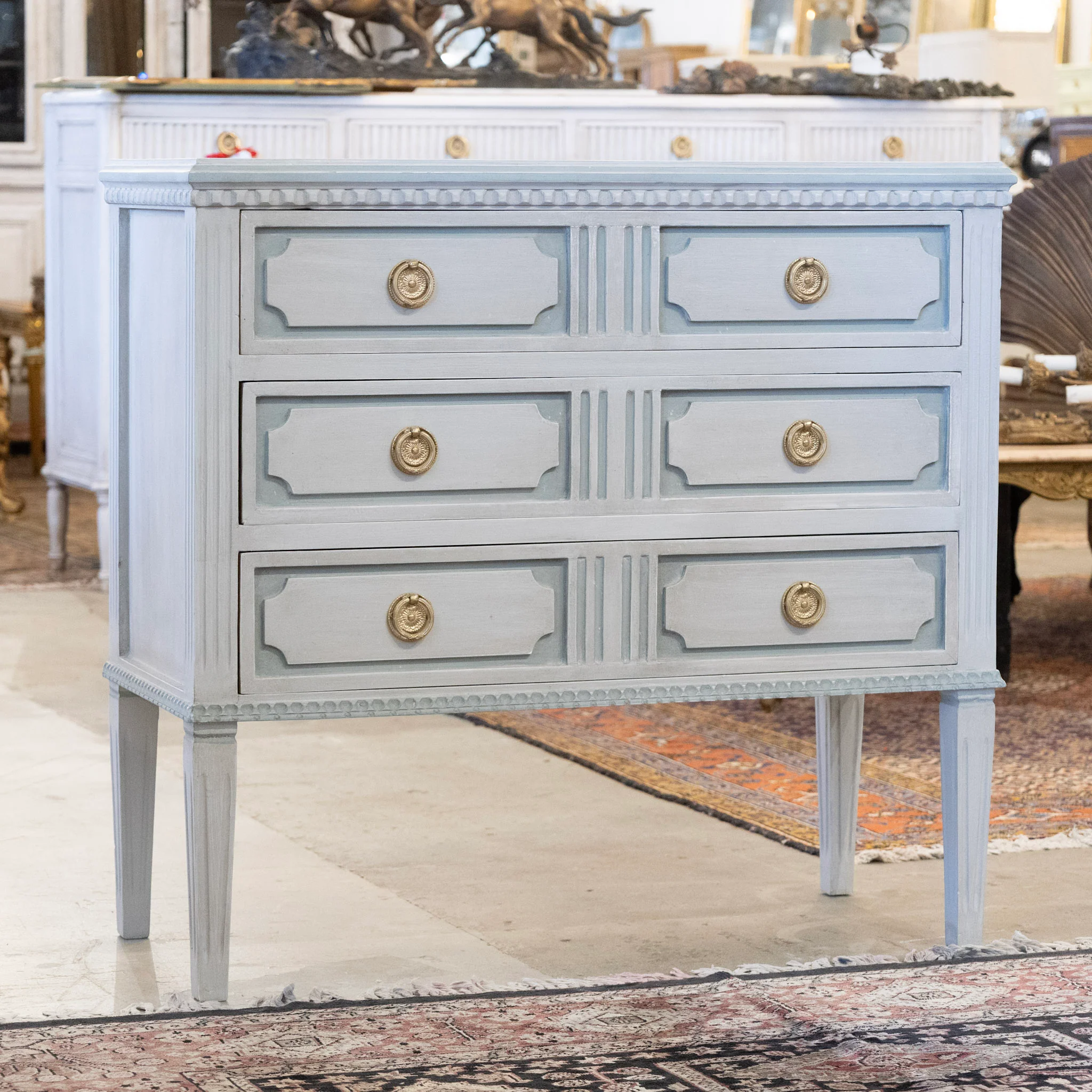 Swedish 3-Drawer Chest – Tall Legs with Fluted Trim in Blue & Grey - Image 2