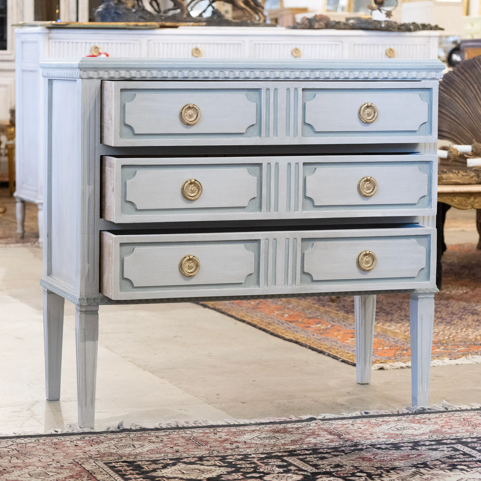 Swedish 3-Drawer Chest – Tall Legs with Fluted Trim in Blue & Grey - Image 3