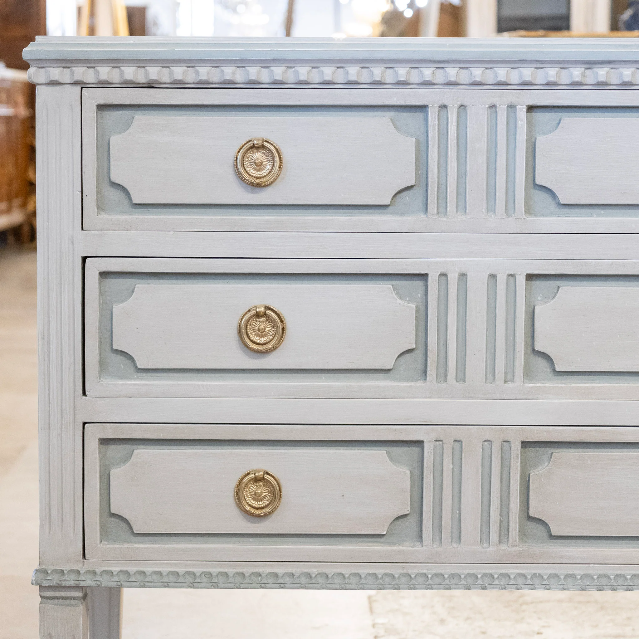 Swedish 3-Drawer Chest – Tall Legs with Fluted Trim in Blue & Grey - Image 4
