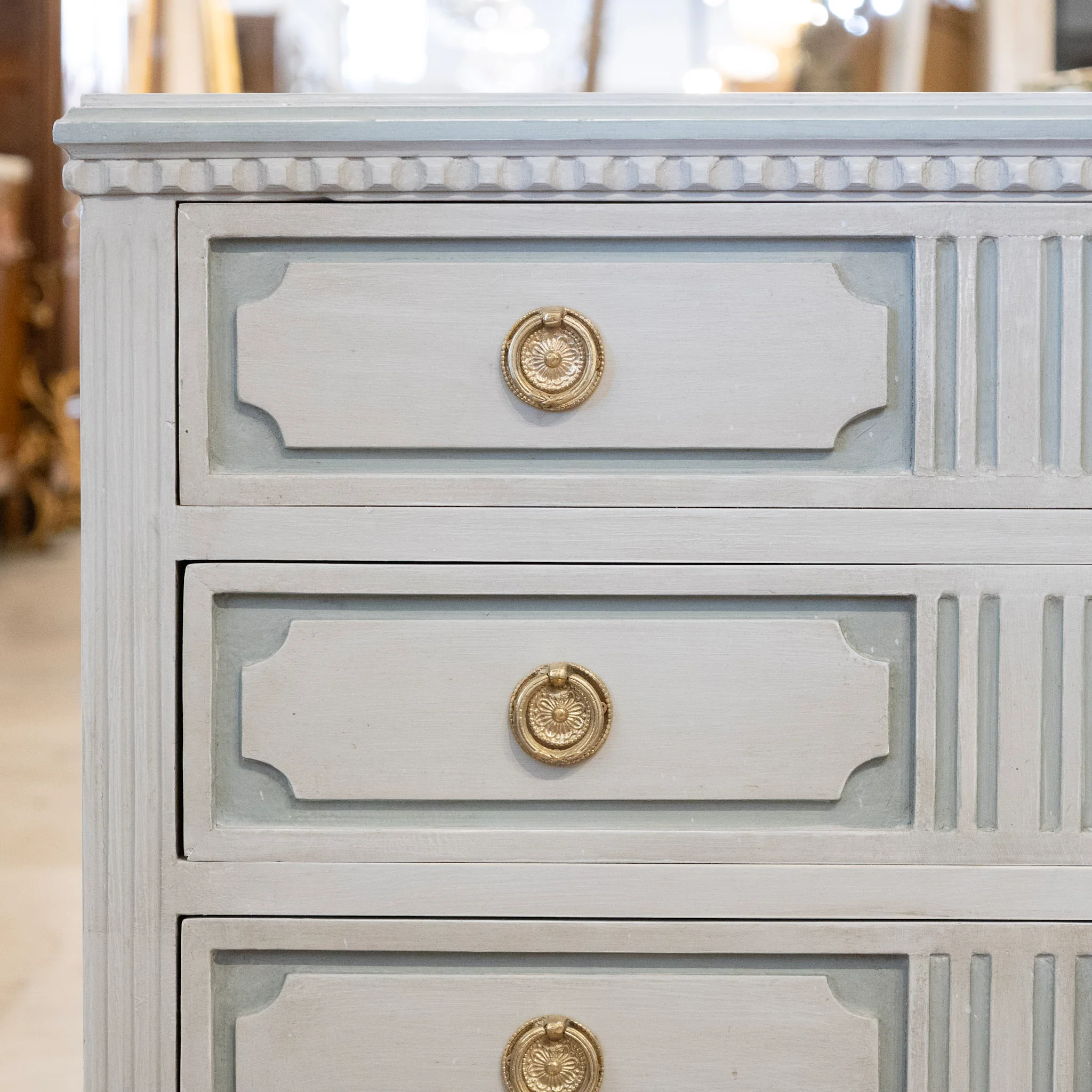 Swedish 3-Drawer Chest – Tall Legs with Fluted Trim in Blue & Grey - Image 6