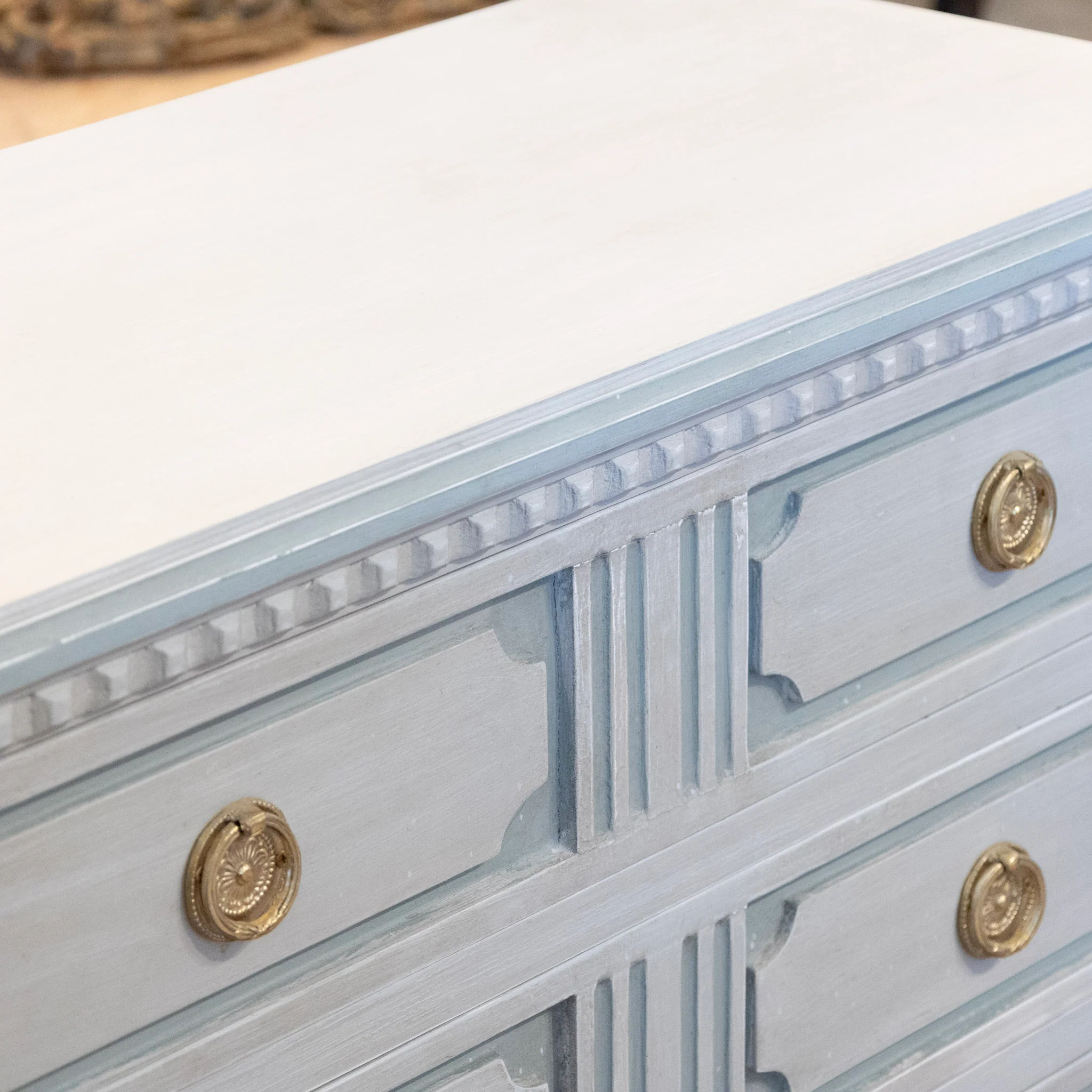 Swedish 3-Drawer Chest – Tall Legs with Fluted Trim in Blue & Grey - Image 7