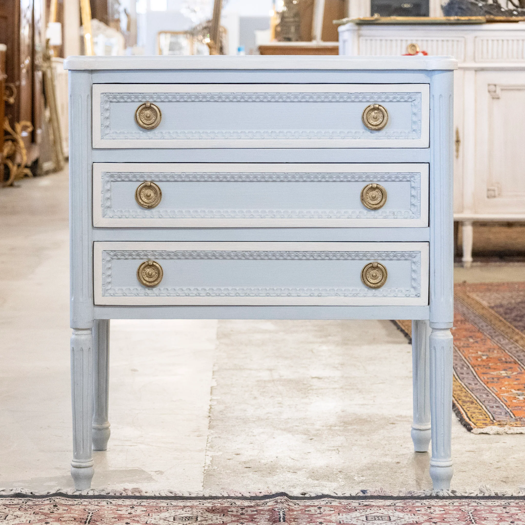 Swedish 3-Drawer Chest with Beaded Trim and Tall Legs in Soft Blue