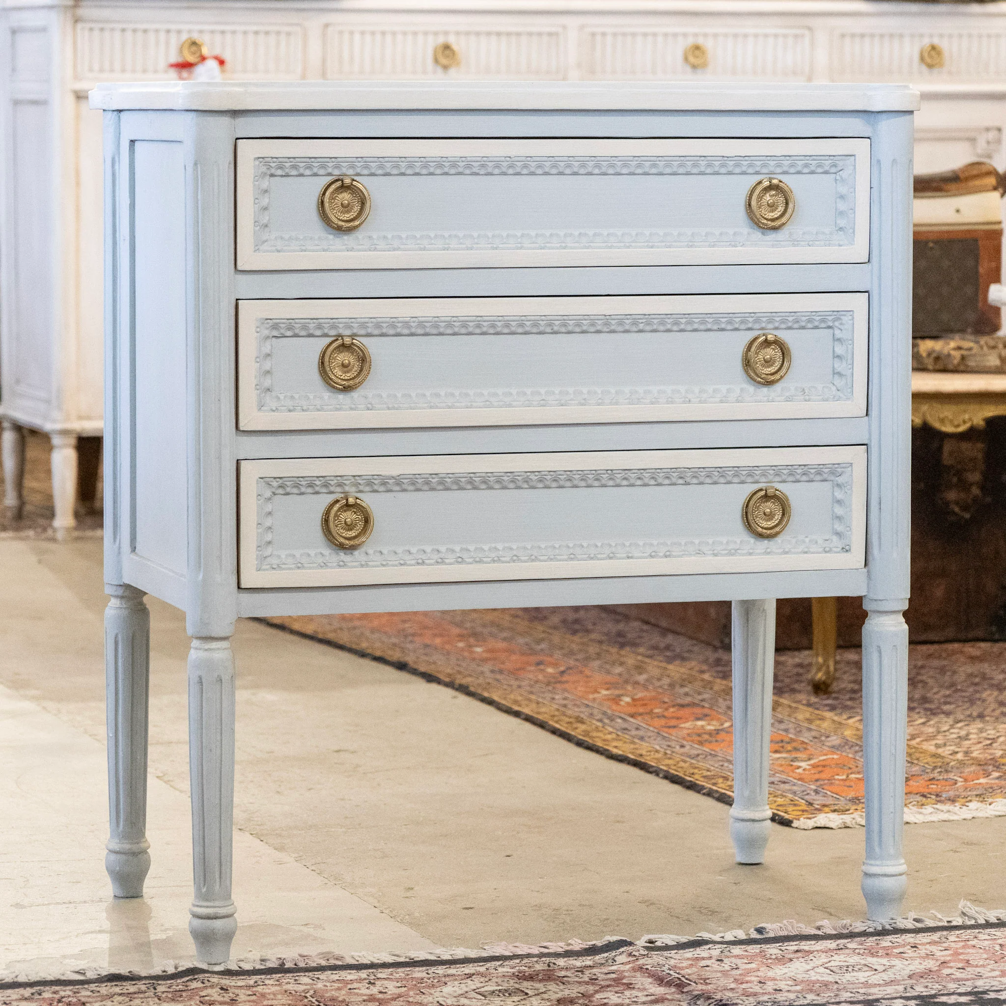 Swedish 3-Drawer Chest with Beaded Trim and Tall Legs in Soft Blue - Image 2