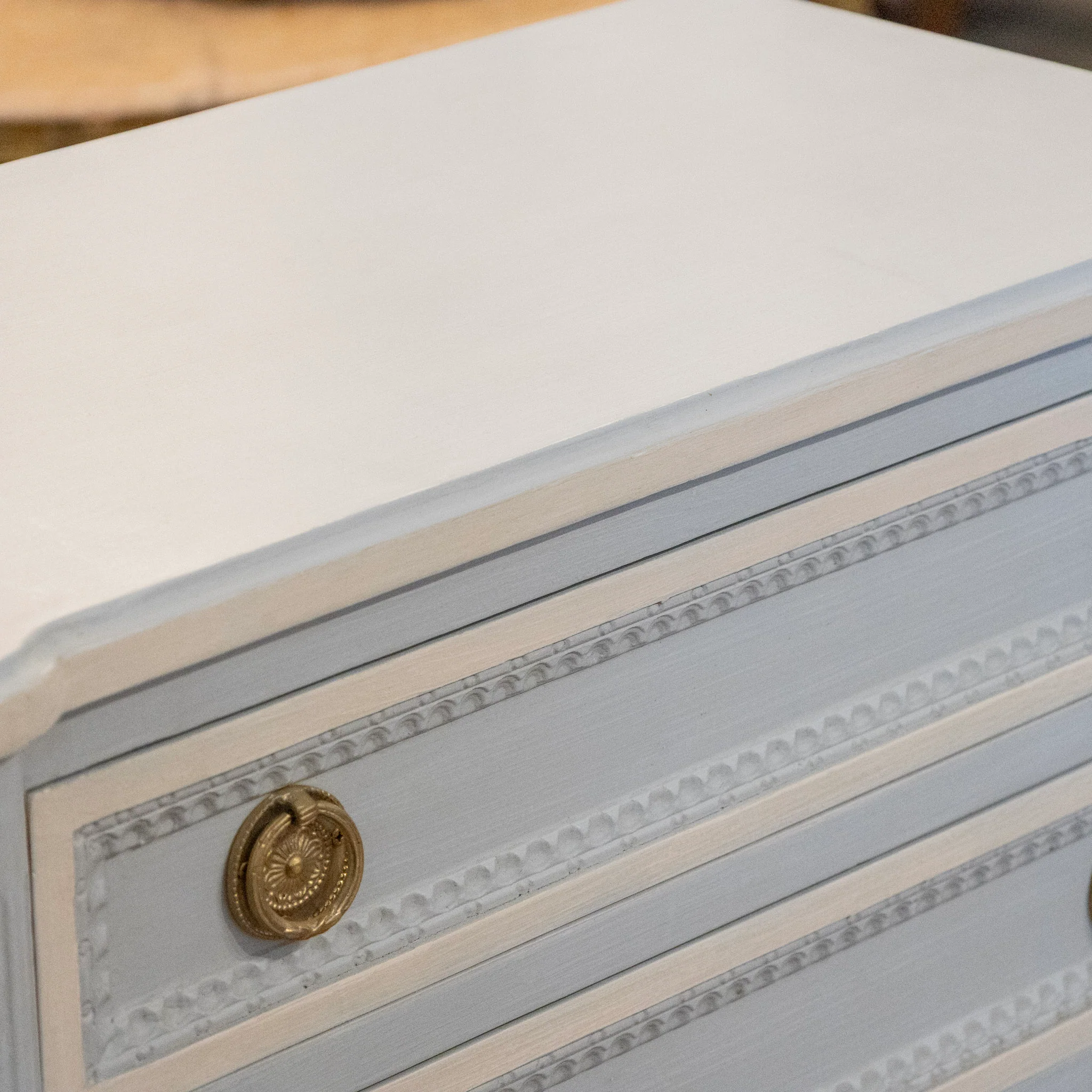 Swedish 3-Drawer Chest with Beaded Trim and Tall Legs in Soft Blue - Image 6