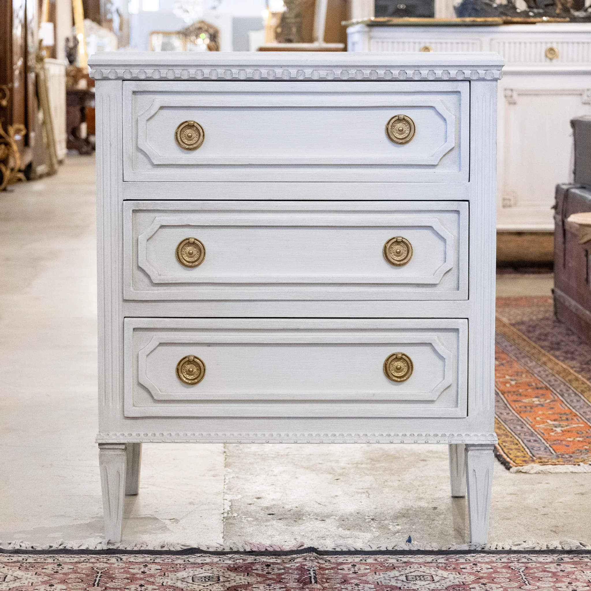 Swedish 3-Drawer Chest with Beveled Panels & Round Pulls in Antique White