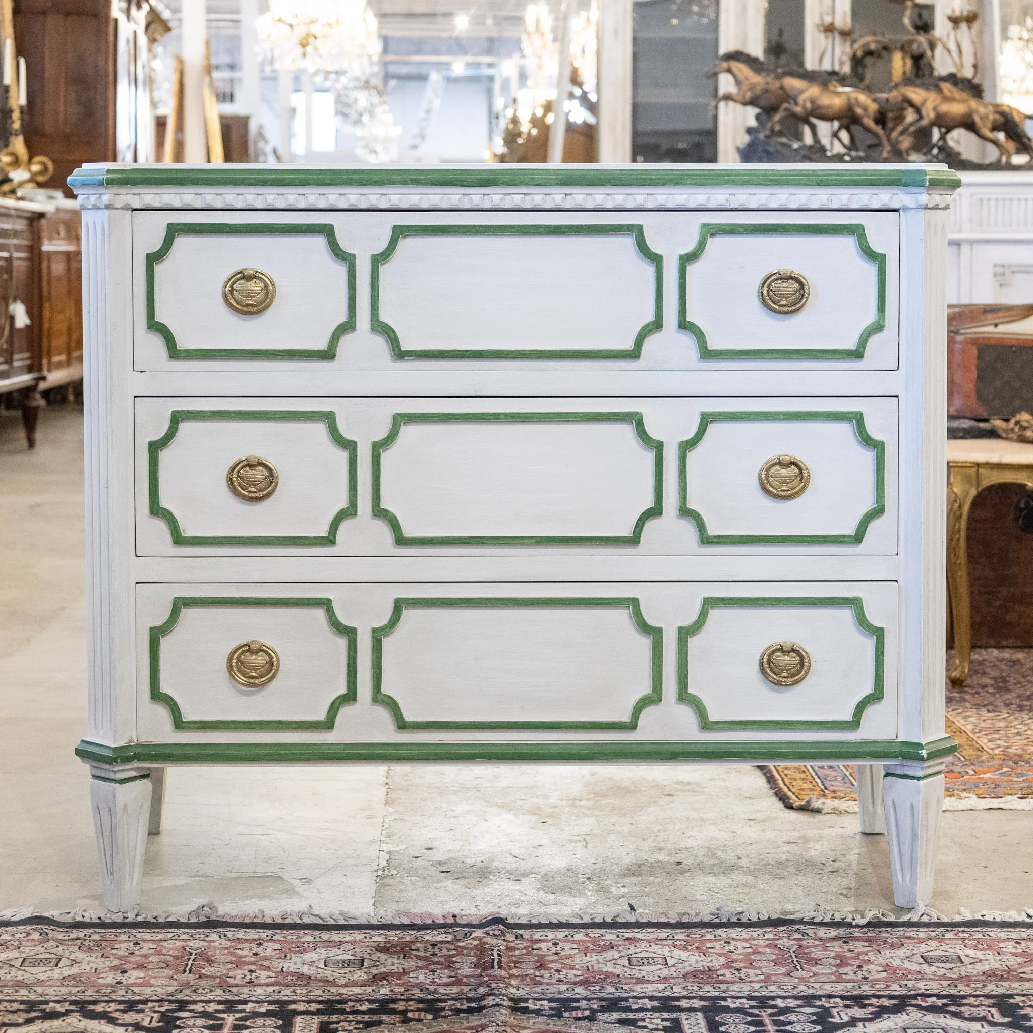 Swedish 3-Drawer Chest with Canted Corners – White with Green Trim