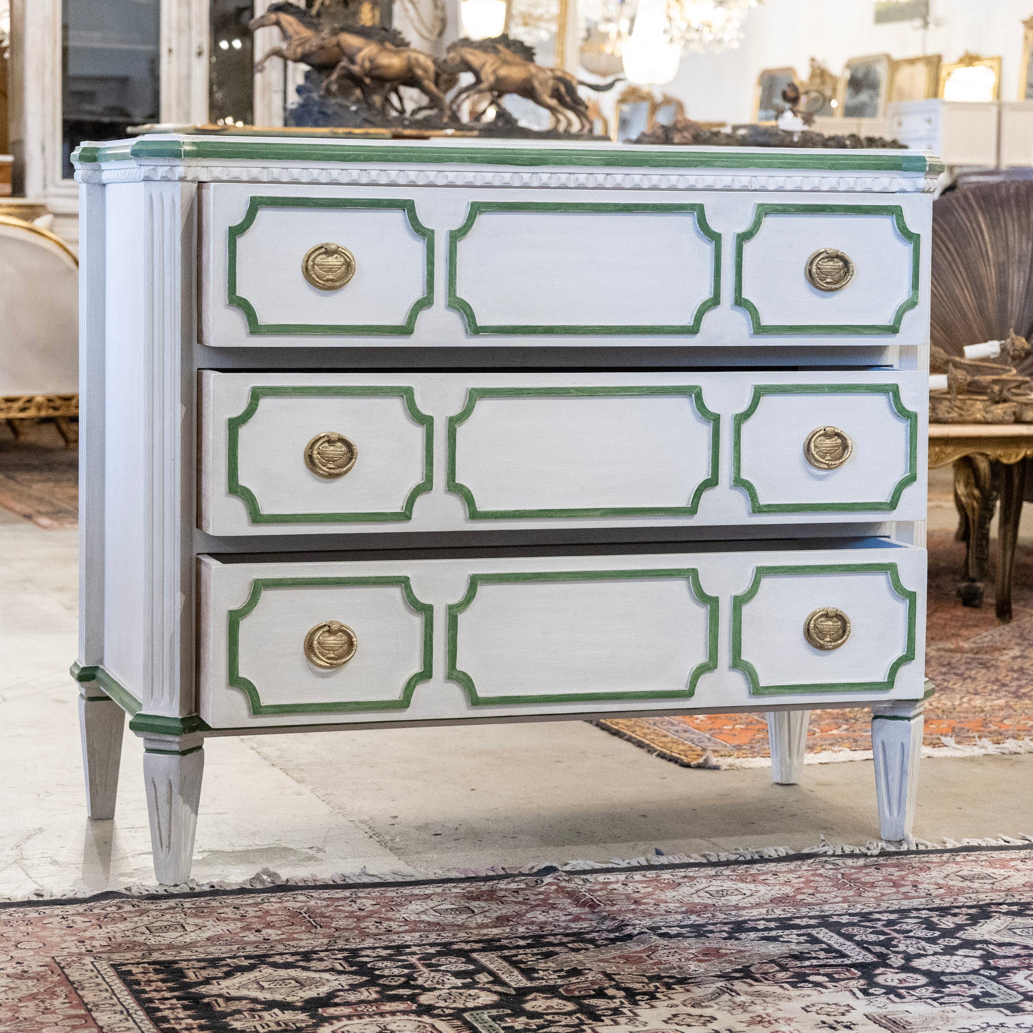 Swedish 3-Drawer Chest with Canted Corners – White with Green Trim - Image 3