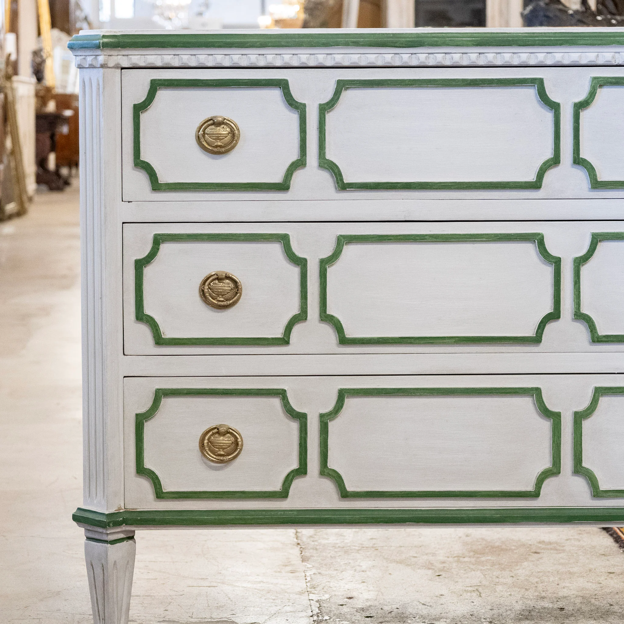 Swedish 3-Drawer Chest with Canted Corners – White with Green Trim - Image 4