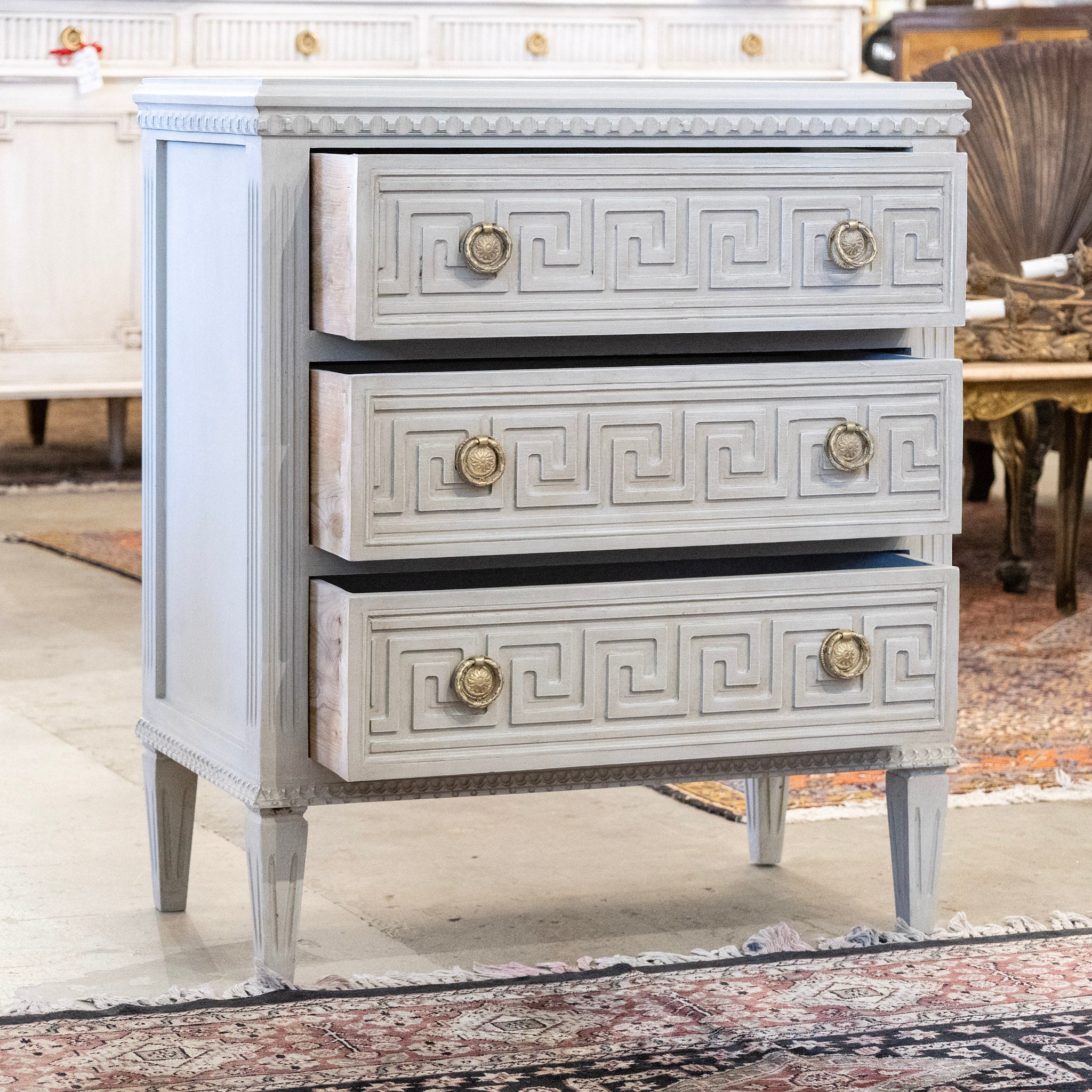 Swedish 3-Drawer Chest – Greek Key Trim in French Grey - Image 3