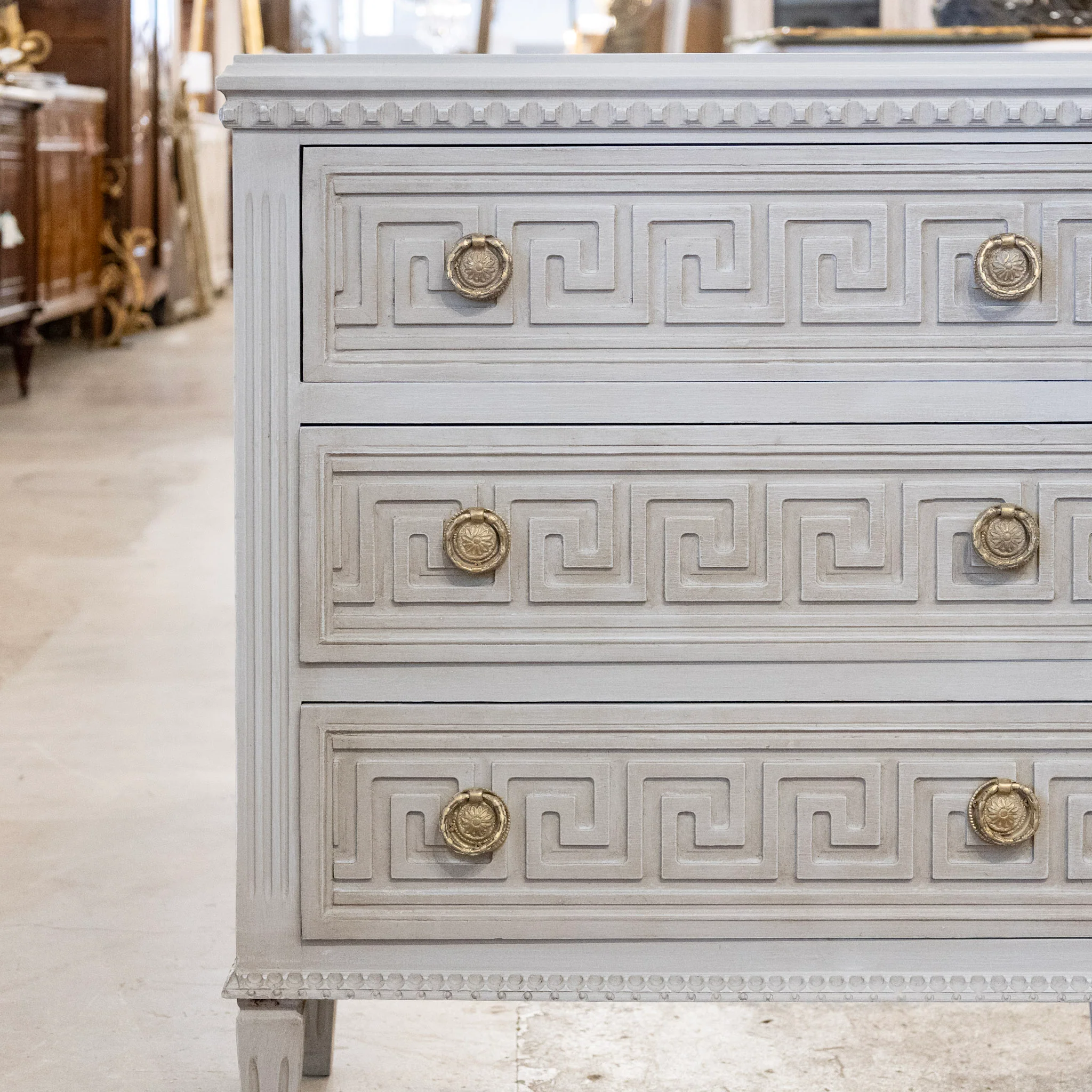 Swedish 3-Drawer Chest – Greek Key Trim in French Grey - Image 4