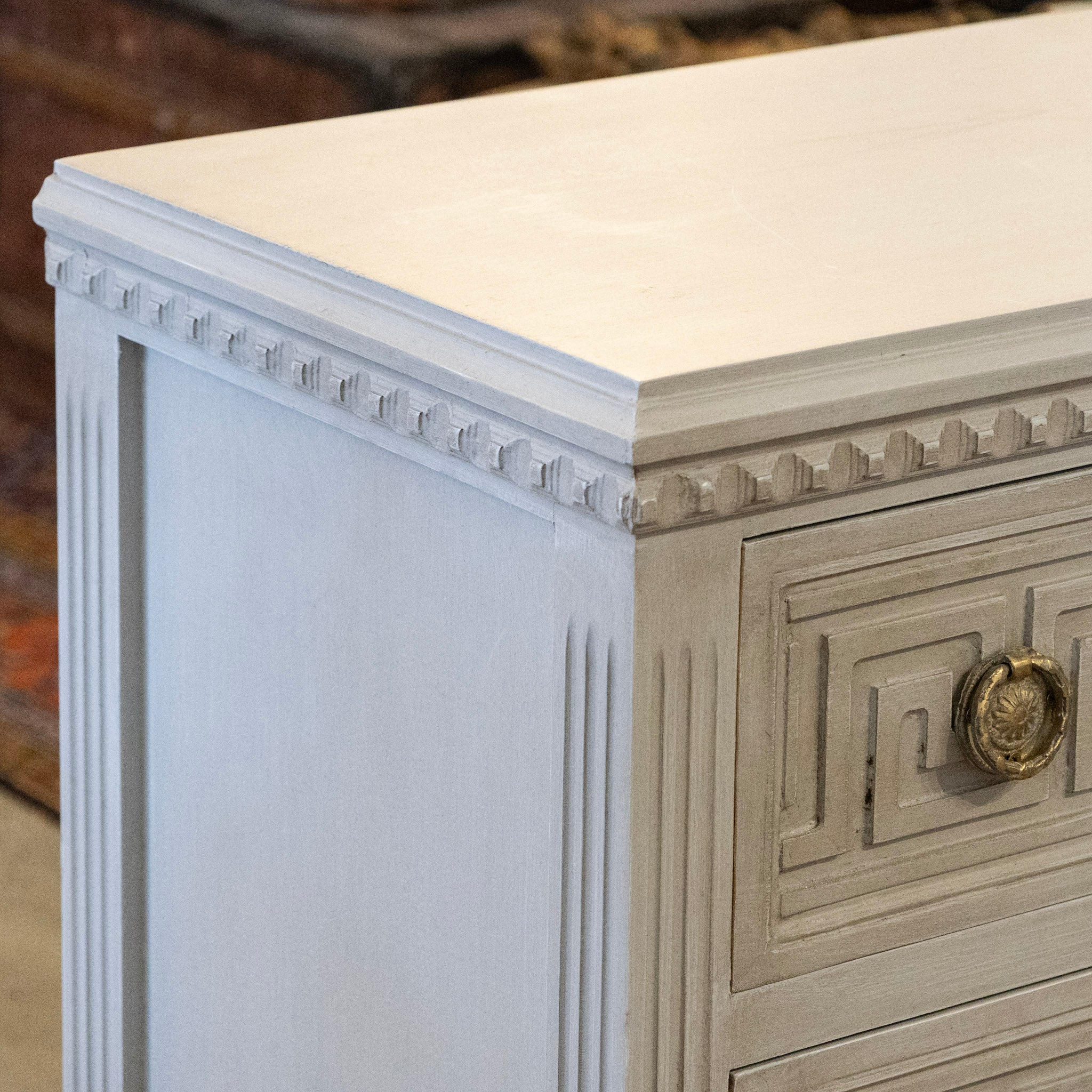 Swedish 3-Drawer Chest – Greek Key Trim in French Grey - Image 8