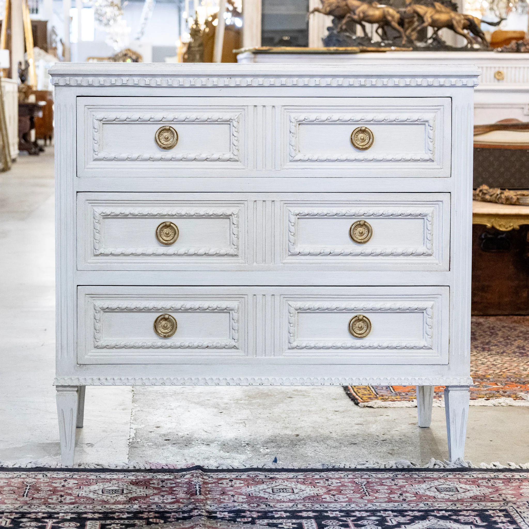Swedish 3-Drawer Chest – Rope Trim & Brass Pulls in Dove White