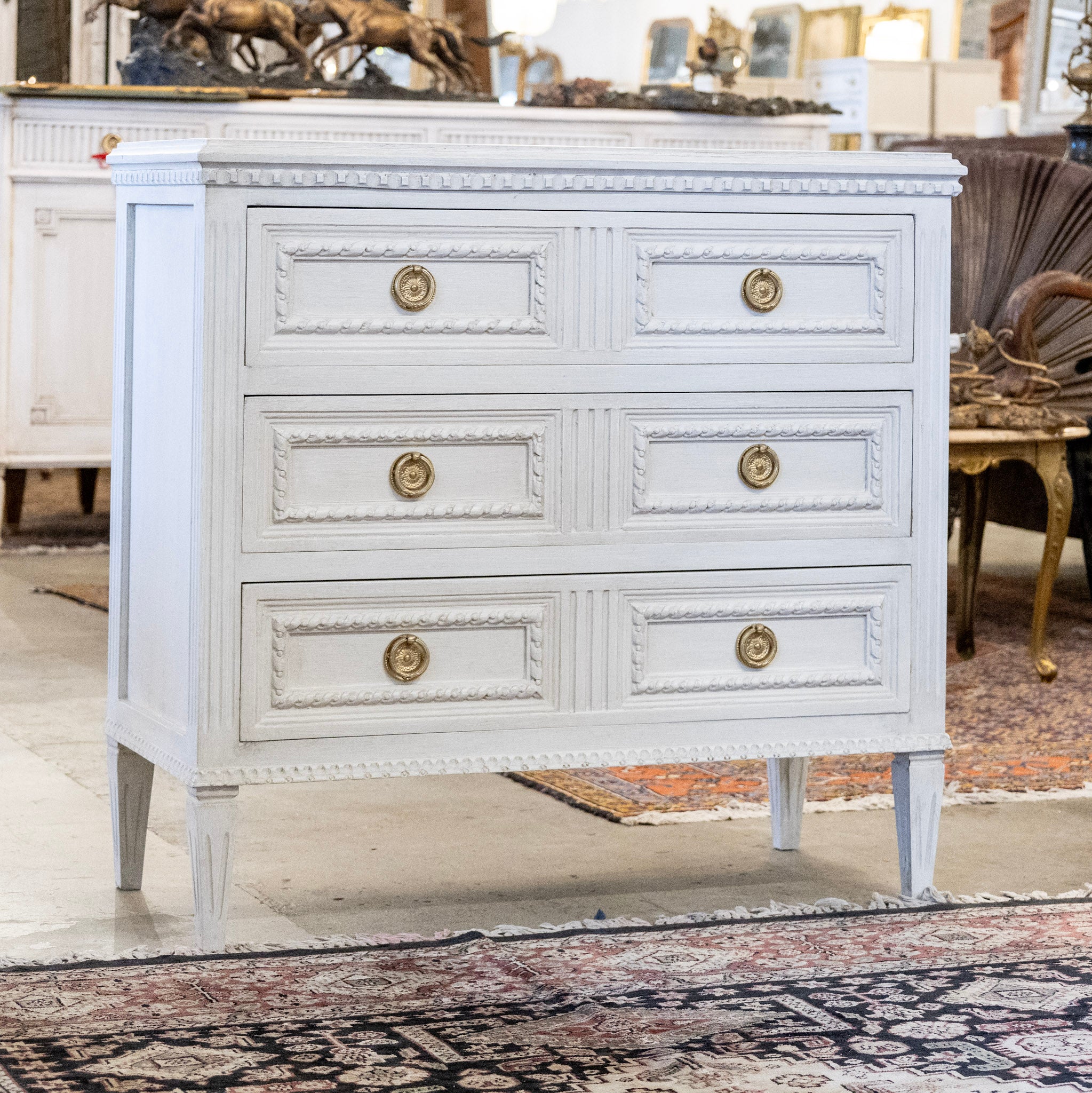 Swedish 3-Drawer Chest – Rope Trim & Brass Pulls in Dove White - Image 2